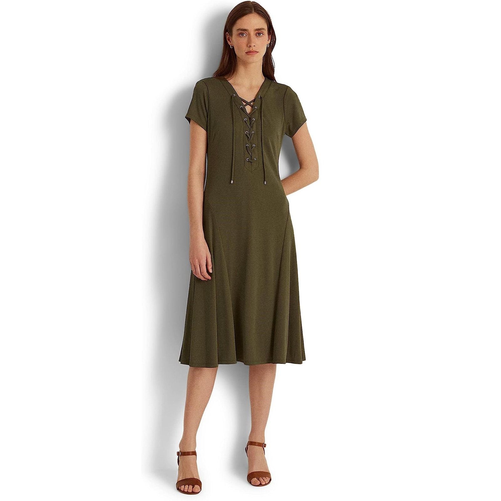 Ralph Lauren Lauren Ralph Lauren Women Olive Lace-Up Midi Dress Size 10 Size L / US 10 / IT 46 - 1 Thumbnail