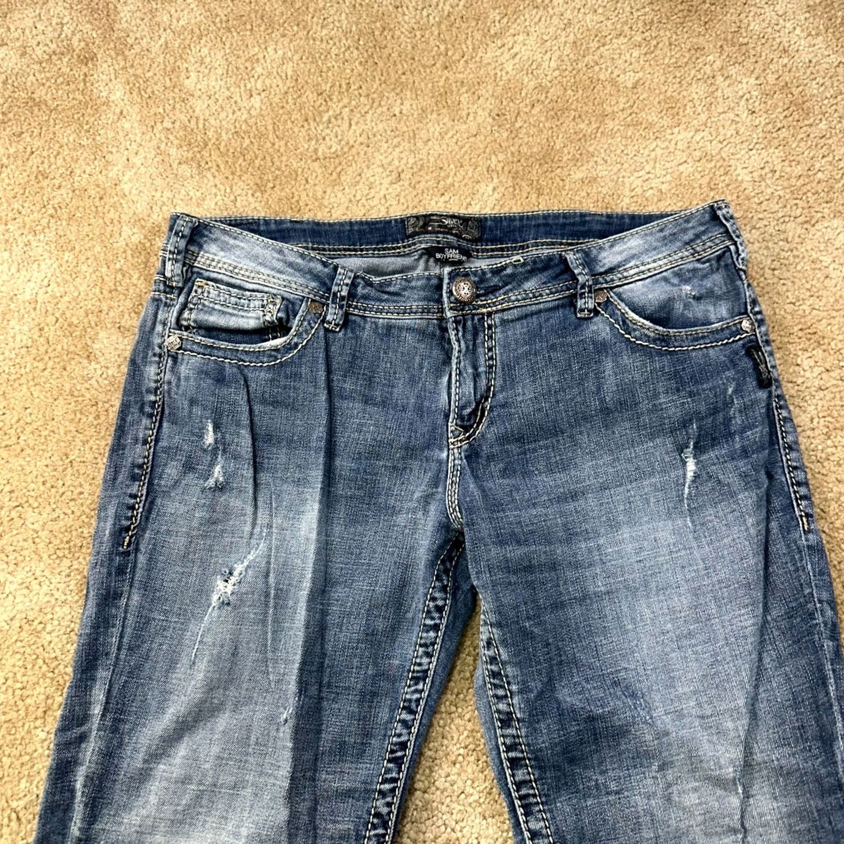 Silver Jeans Co. Silver Jeans Women's 34x28 Boyfriend Jeans Denim 5-Pocket Stretch Blue Slim Regular Rise Mid WC City Logo Vintage: No Size 24" / US 00 / IT 34 - 3 Thumbnail