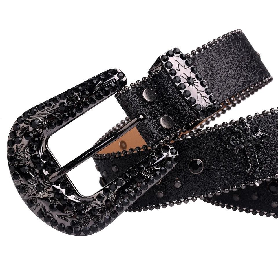 image of Man-Made Diamond Belt Western Cowboy Rhinestone Leather in Black, Men's