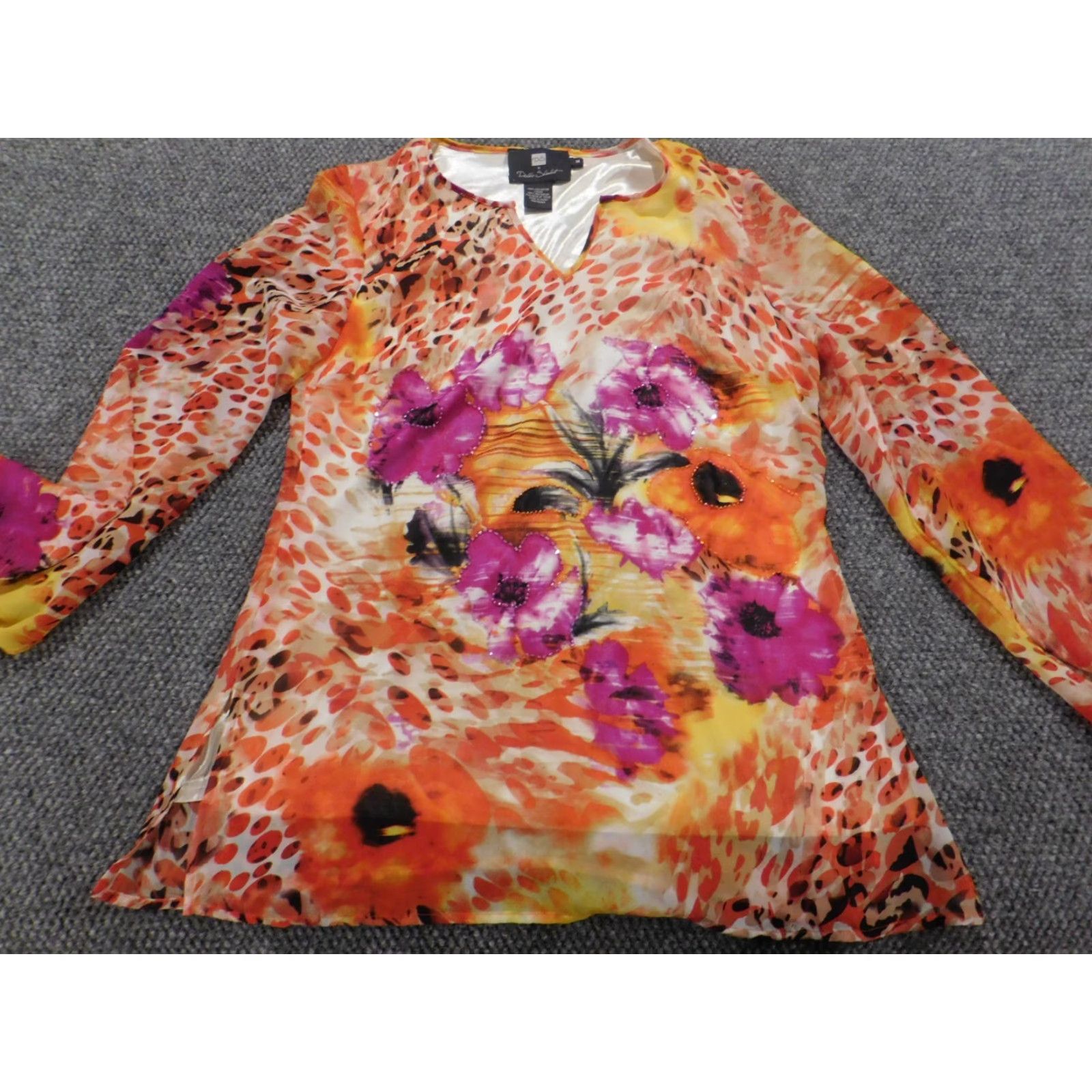 Vintage Debbie Shuchat Blouse Womens Medium orange floral stretch pullover Size M / US 6-8 / IT 42-44 - 2 Thumbnail