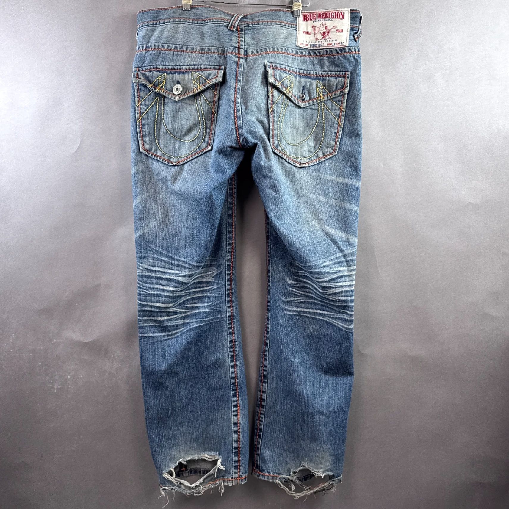 True Religion True Religion Jeans Men 42x34 Bobby Big T Thrashed Destroyed Denim Pants Denim Blue 5-Pocket Regular Fit Straight Mid Rise Jeans Mens Size US 42 / EU 58 - 3 Thumbnail