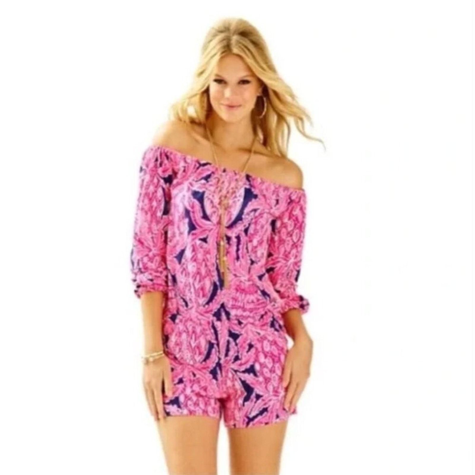 Lilly Pulitzer Lilly Pulitzer Lana Off-The-Shoulder Romper Coco Safari Size 26" / US 2 / IT 38 - 2 Thumbnail