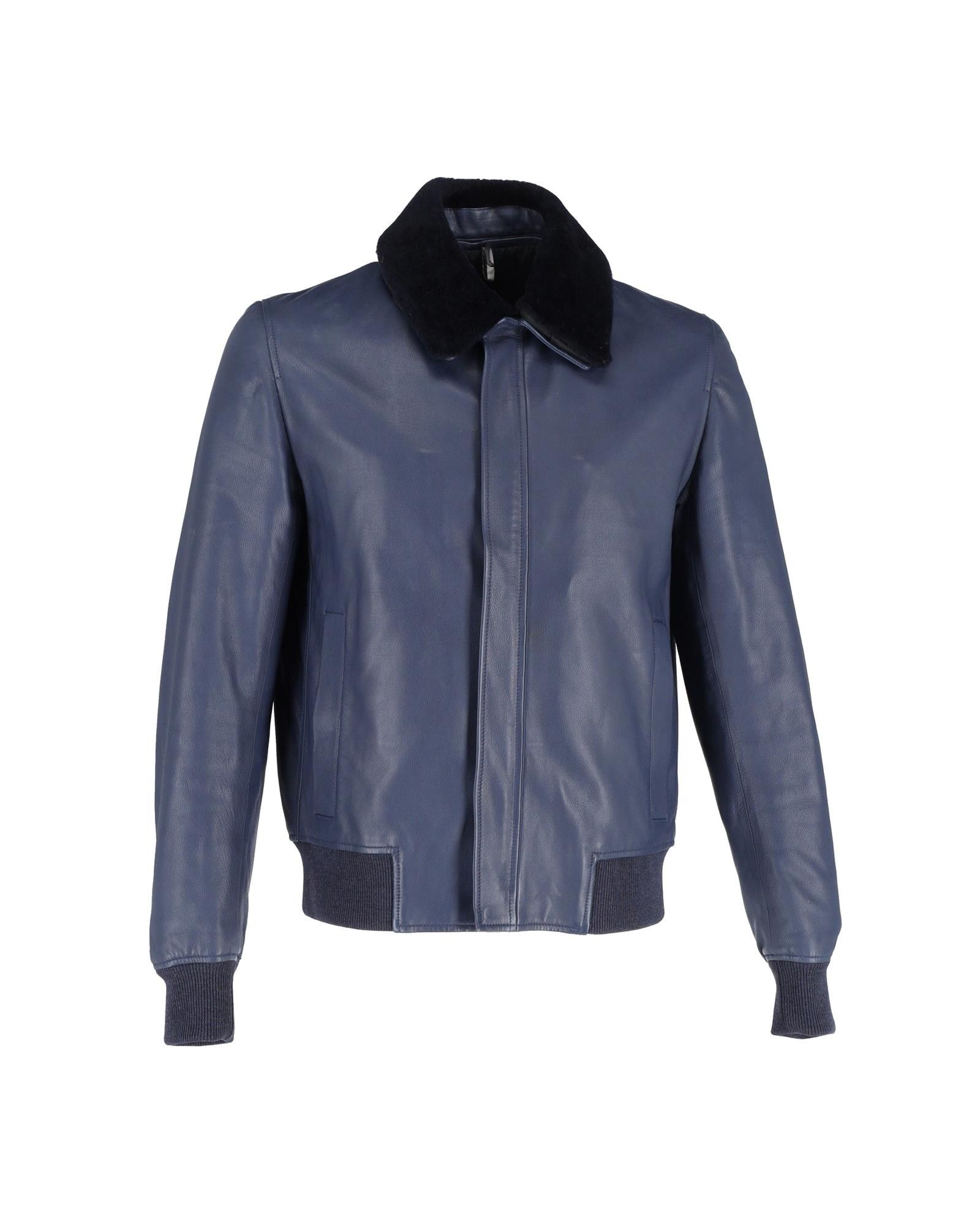 image of Christian Dior Monsieur Navy Blue Leather Jacket With Fur Collar By Dior in Blue/Navy Blue (Size La