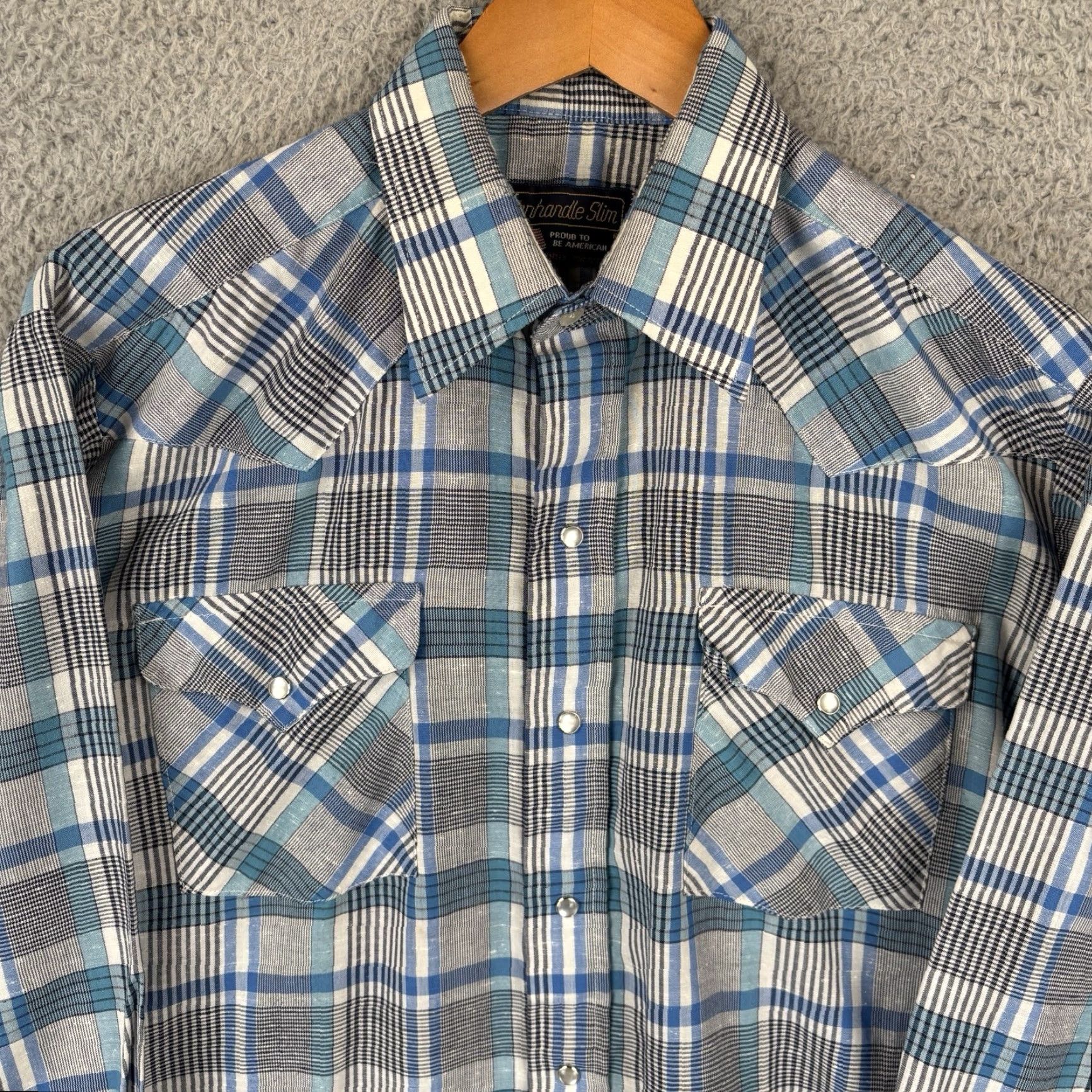 Vintage VINTAGE Panhandle Slim Shirt Men L Blue Plaid Polyester Blend Western Pearl Snap USA Shirt Size US L / EU 52-54 / 3 - 2 Thumbnail