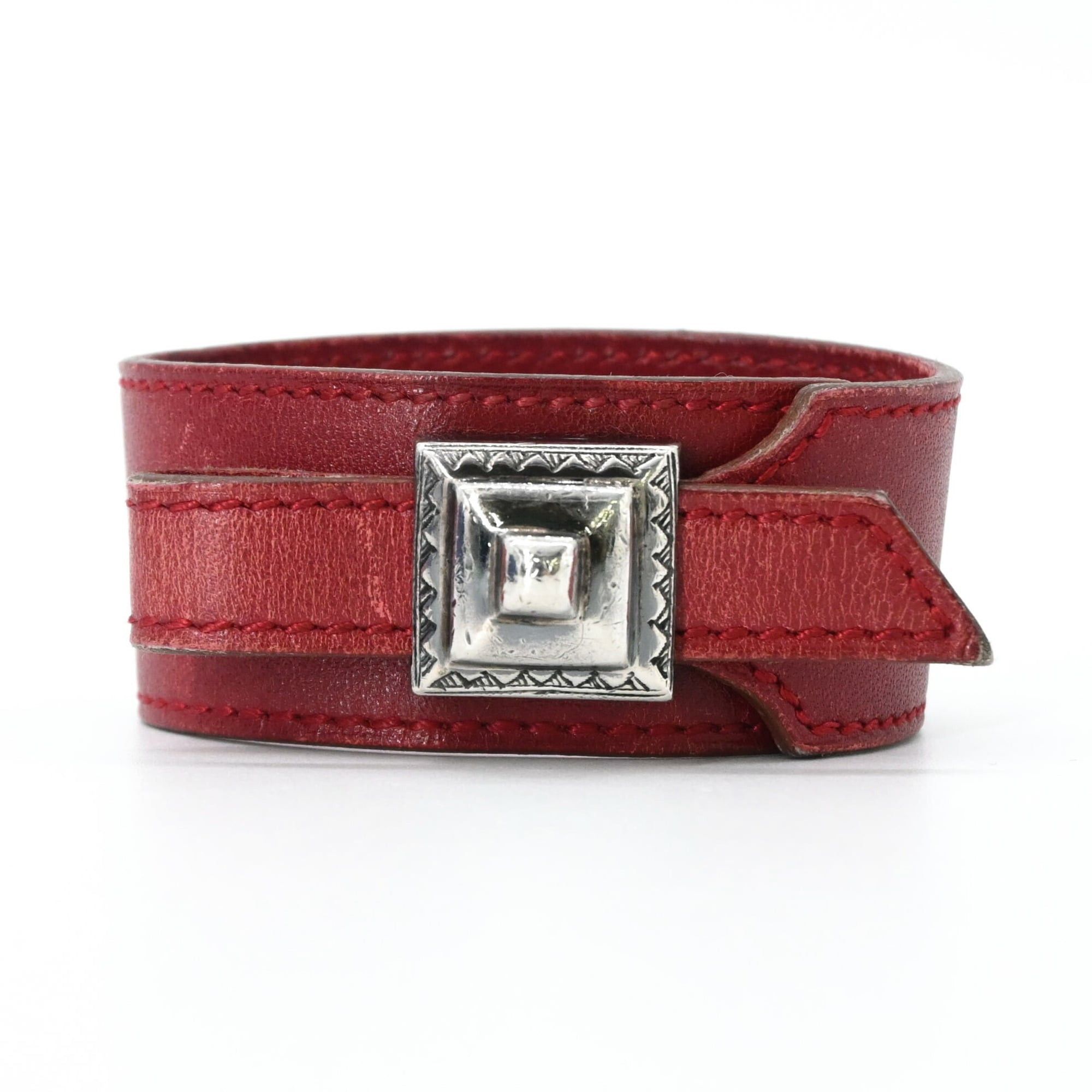 HERMES Touareg Artemis Bracelet Bangle Leather Red Silver