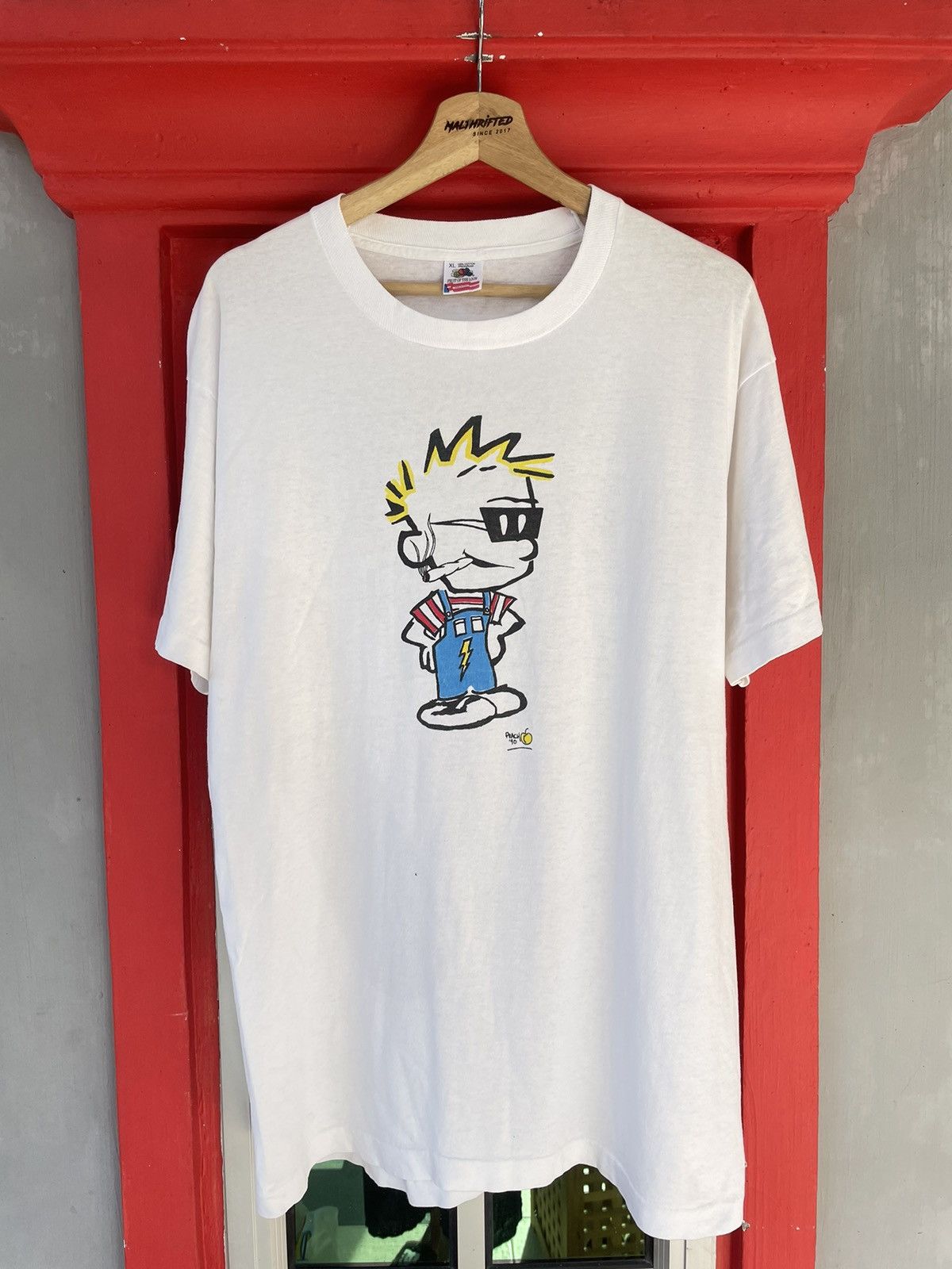 Image of Cartoon Network x Vintage 90's Calvin And Hobbes Spaceman Spliff Tshirt in White, Men's (Size XL)