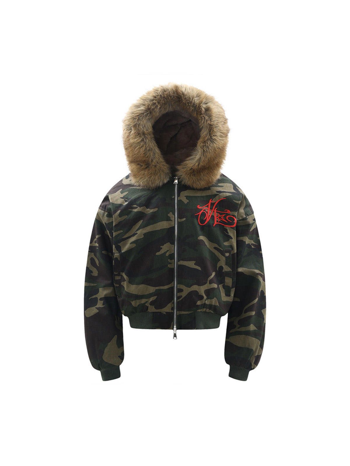 Camouflage Fur Hooded Bomber Jacket Camo Winter Coat
