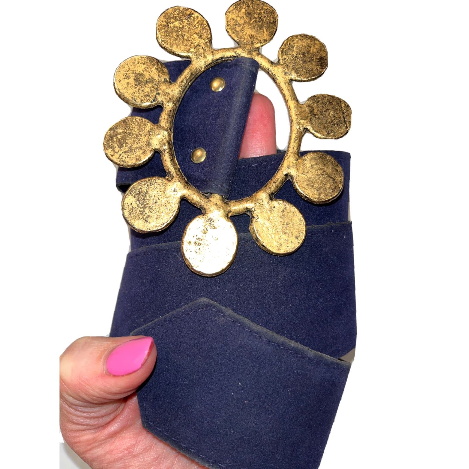 Velvet VINTAGE blue Velvet BELT 34”long Wide 2” Buckle Copper Disc LOOP Golden Circle Buckle Navy Blue Velvet Feel Adjustable Women Size ONE SIZE - 2 Thumbnail