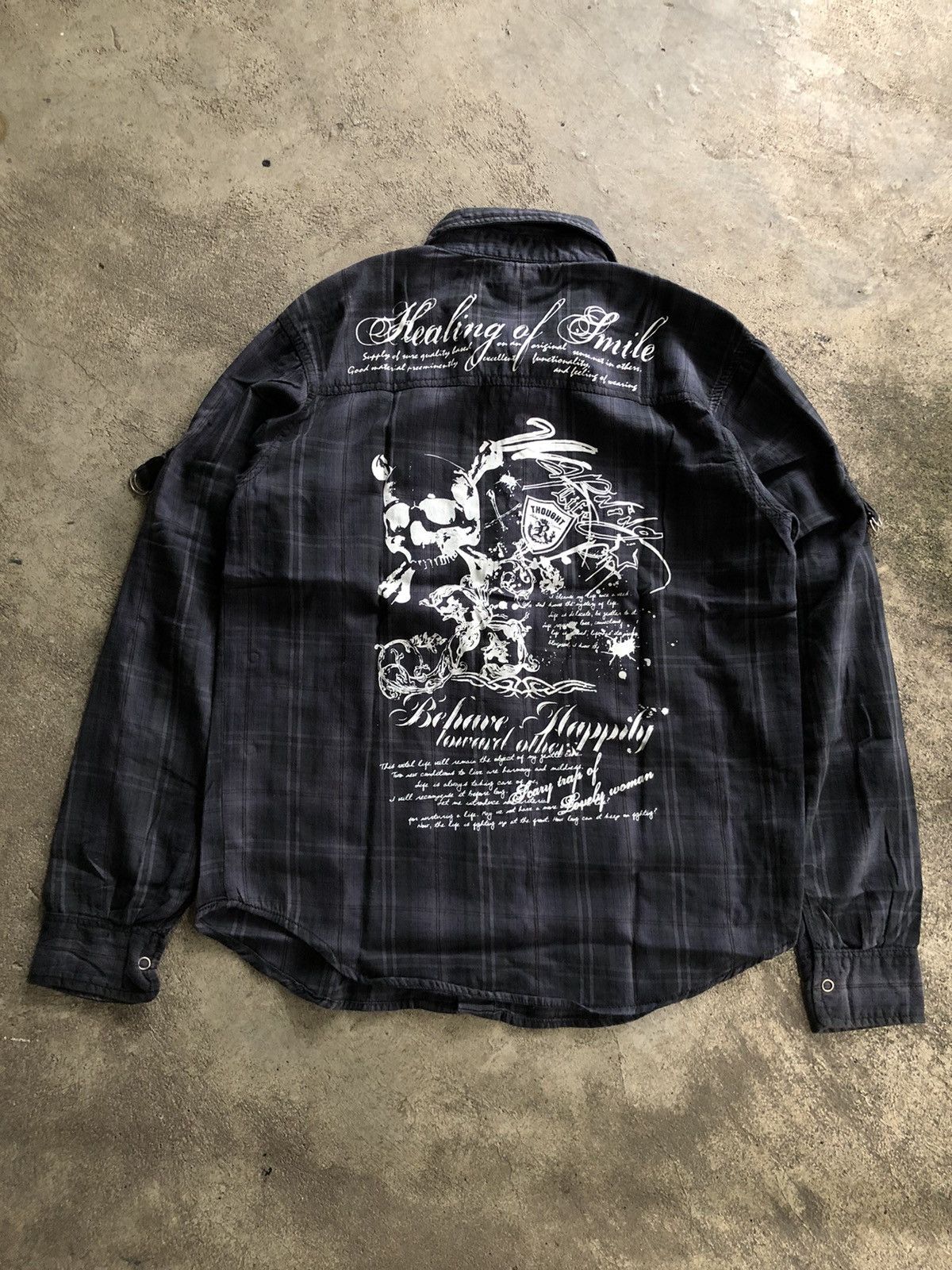 JAPANESE - TIMELY WARNING POEM PUNK SKULL BUTTON PLAID SHIRT