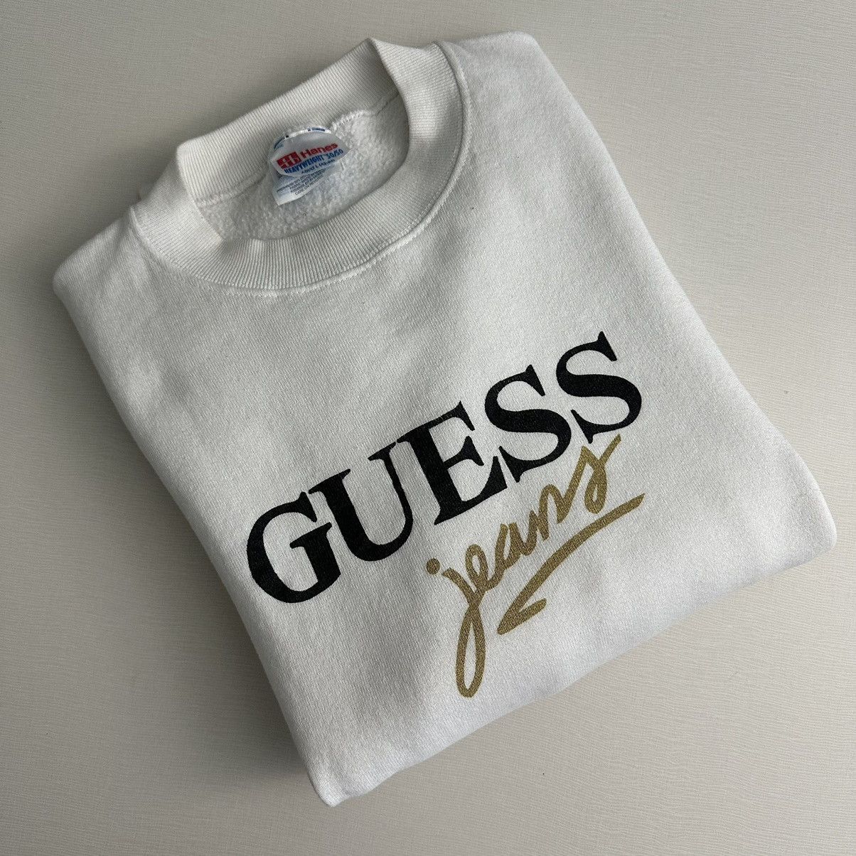 Guess × Vintage Vintage 90s Guess Jeans White Crewneck Sweater By Hanes Size US L / EU 52-54 / 3 - 6 Thumbnail