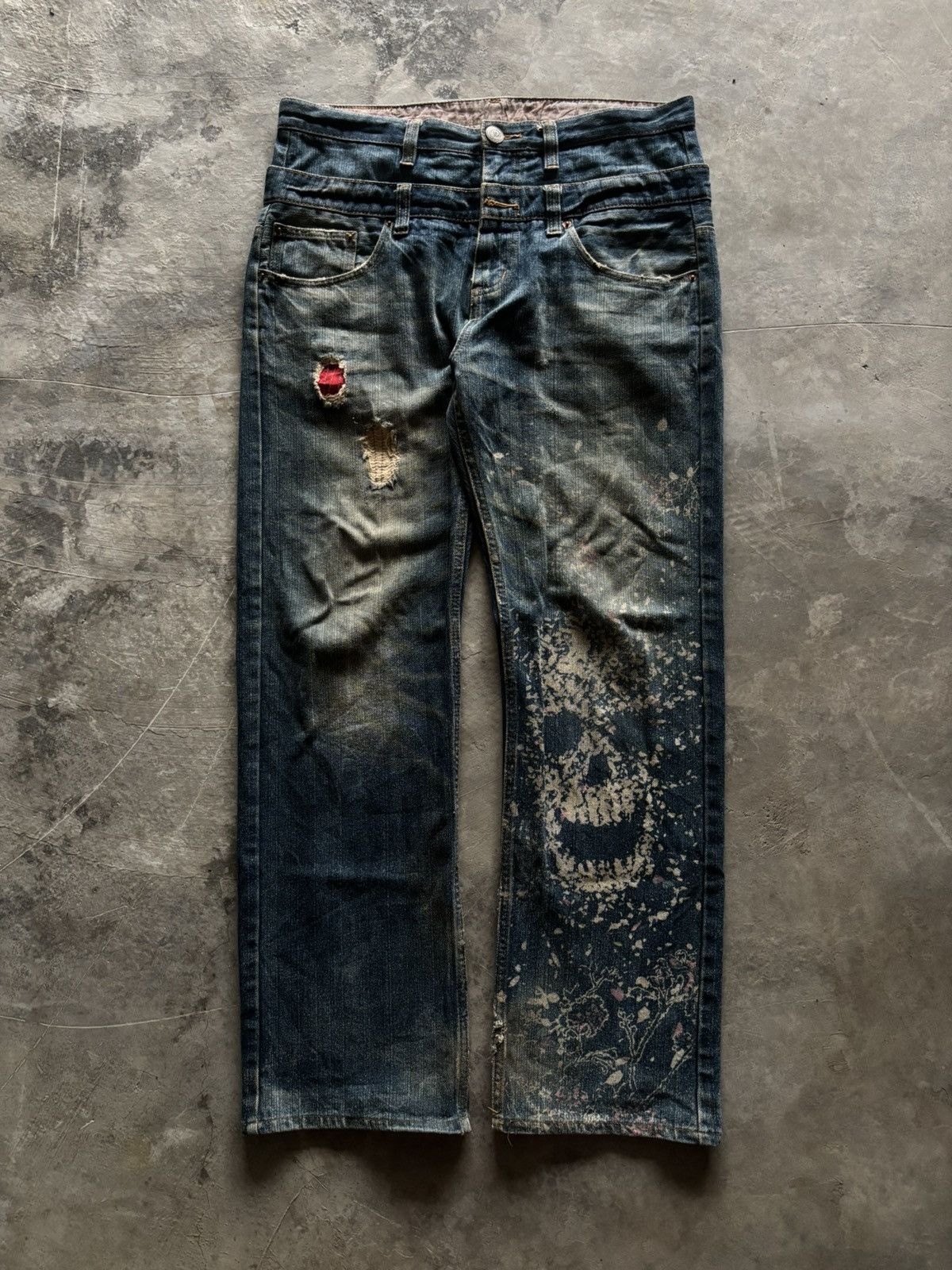 Karakuri Tamashii DOUBLE WAIST DISTRESSED BUDEN JAPANESE DENIM SKULL SUKAJAN Size US 35 - 1 Thumbnail