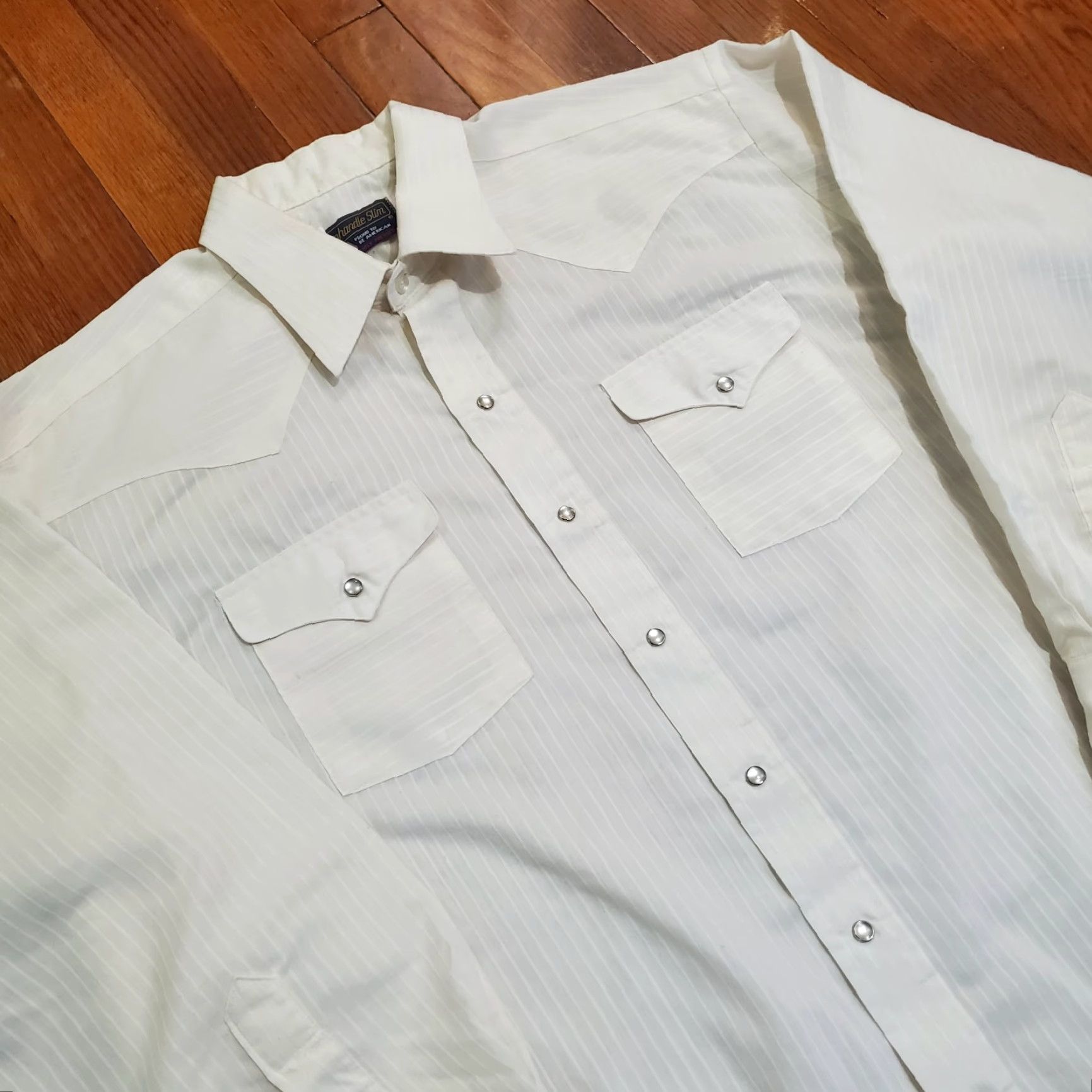 Vintage VINTAGE Panhandle Slim Shirt Western Striped 17.5 34 Pearl Snap Made USA Cowboys Beige White Cotton Twill Button-Up Casual Mens Size US XXL / EU 58 / 5 - 4 Thumbnail
