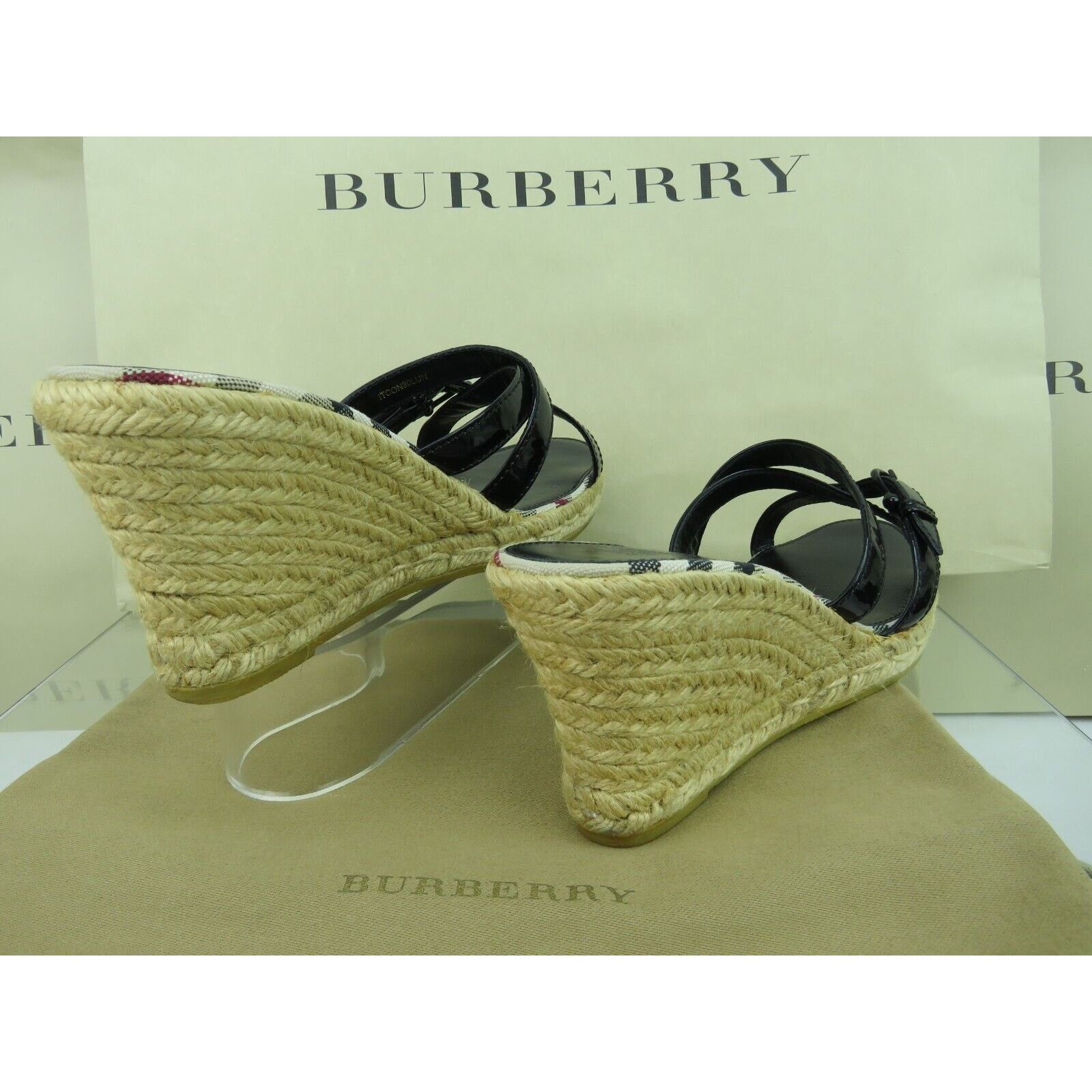 Burberry BURBERRY BLACK PATENT LEATHER CHECK ESPADRILLE SANDALS 40 Size US 10 / IT 40 - 11 Thumbnail