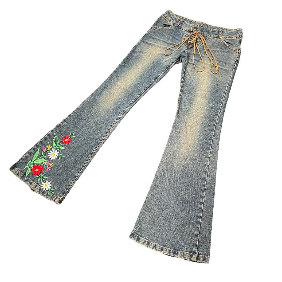 If Six Was Nine × Le Grande Bleu (L.G.B.) × Tornado Mart Flare Jeans Floral Embroidered Lace Washed Lolita Denim Size US 28 / EU 44 - 3 Thumbnail