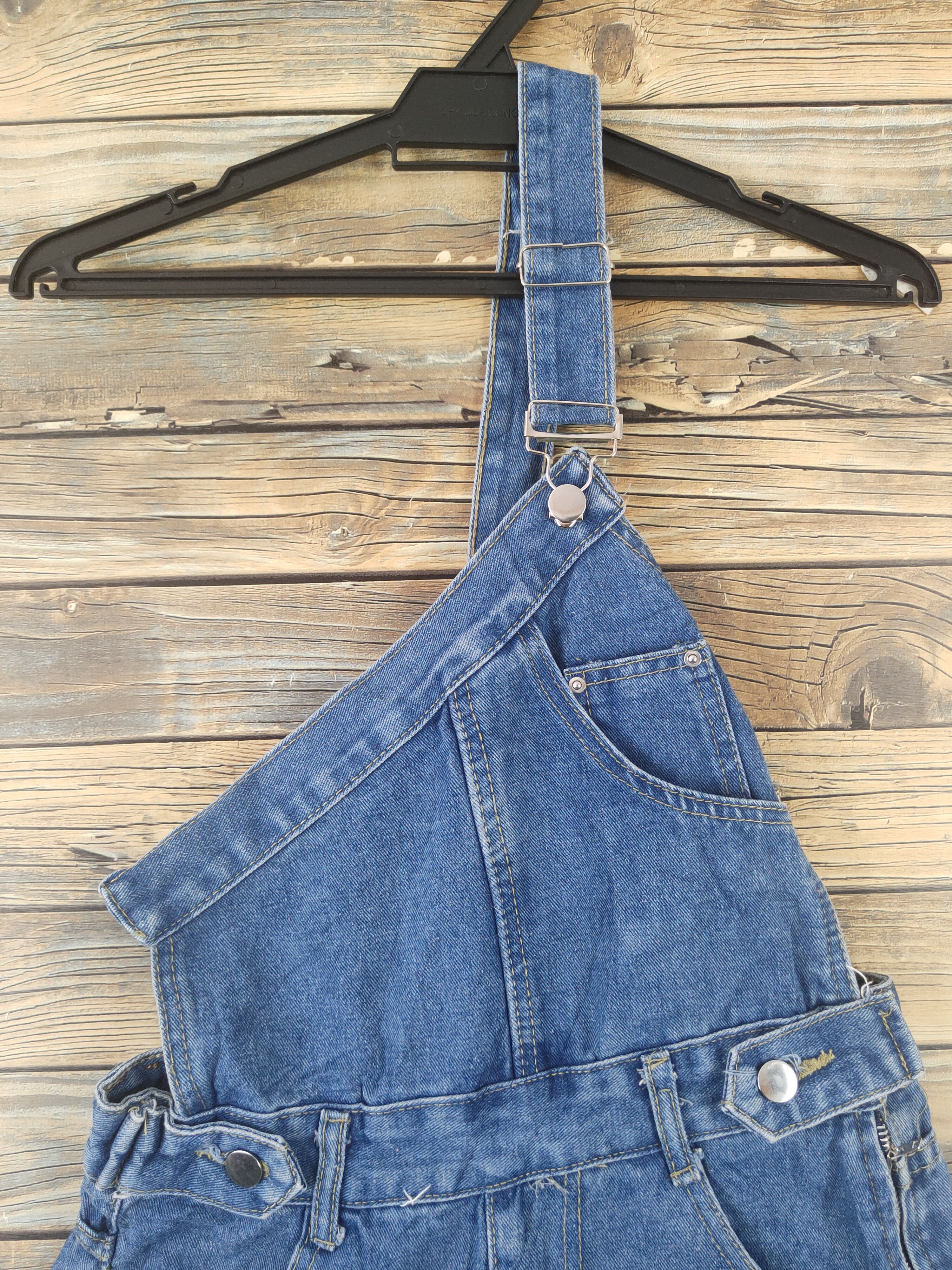 Japanese Brand × Vintage Vintage Vendor Blue Half Shoulder Denim Shortall Jumpsuits Size 28" / US 6 / IT 42 - 2 Thumbnail