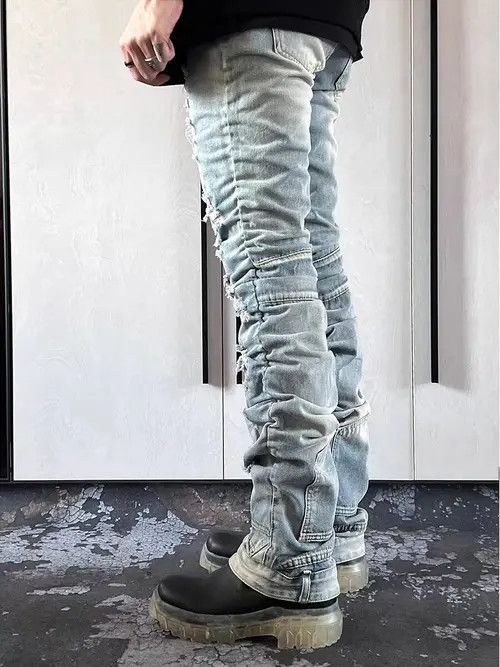 Jean Vintage washed blue ripped pleated street hip hop jeans Size US 32 / EU 48 - 3 Thumbnail