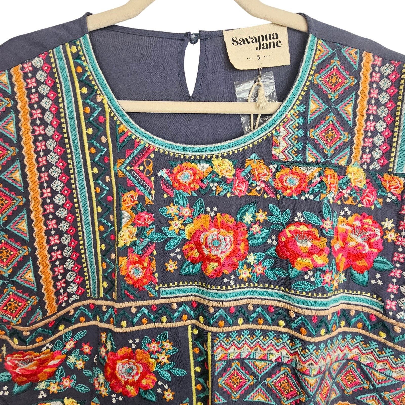 Savane Savannah Jane Womens Embroidered Floral Geometric Tunic S Size S / US 4 / IT 40 - 2 Thumbnail
