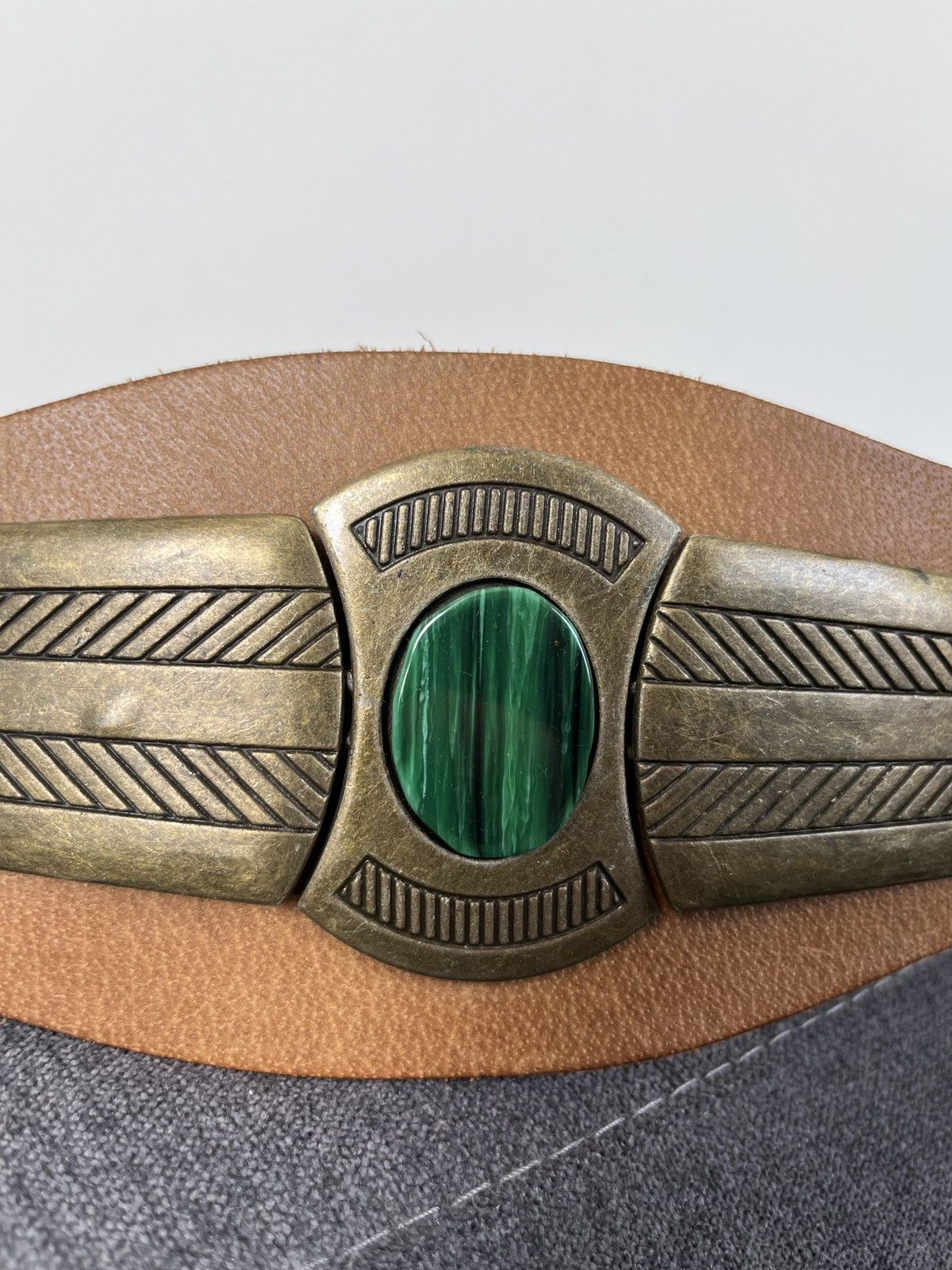 Cowboy Equipment × Vintage Vintage Aztec Mayan Leather Wide Belt Malachite Gemstone Size ONE SIZE - 3 Thumbnail