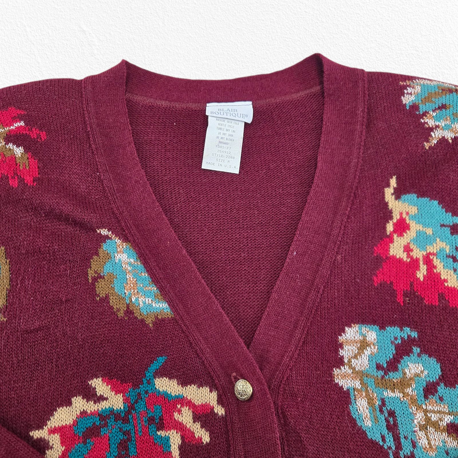Vintage 90s Burgundy Leaf Print Cardigan USA Made Size Medium Size M / US 6-8 / IT 42-44 - 3 Thumbnail