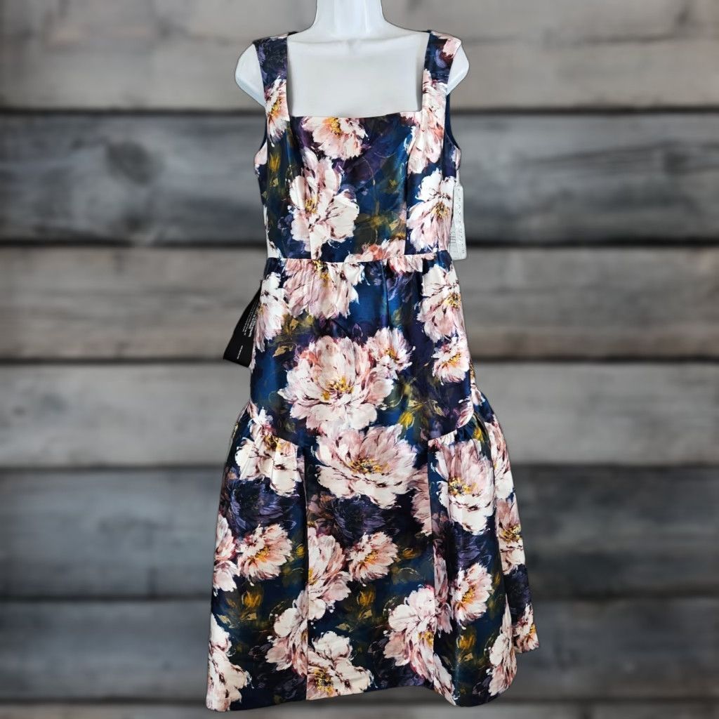 Vintage Kay Unger Dress Womens Lydia Tea Length Midi Floral Sleeveless Pockets Blue Pink Sz 8 Size M / US 6-8 / IT 42-44 - 1 Thumbnail