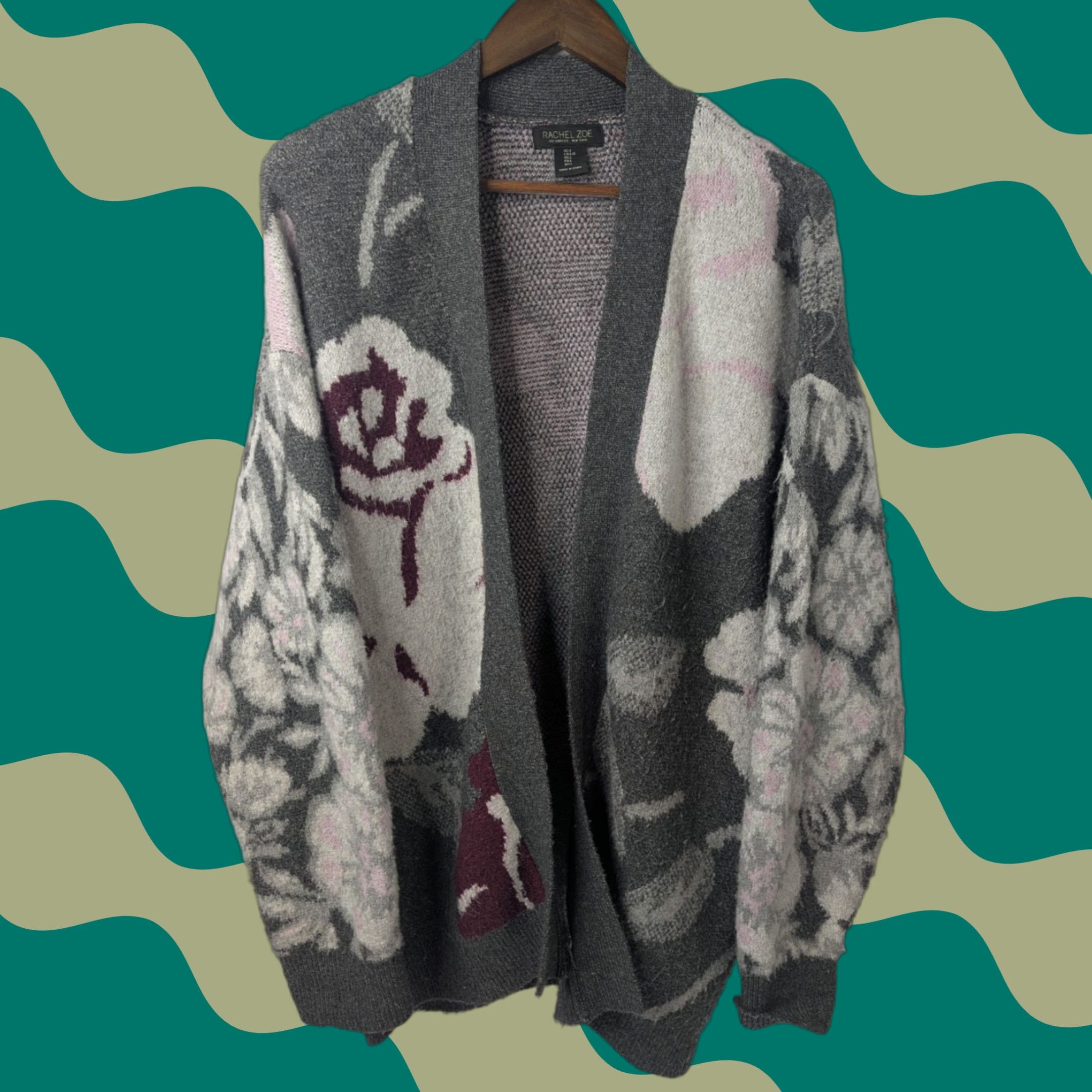 Rachel Zoe RACHEL ZOE Cardigan Women's Large Floral Oversized Knit Sweater - Open Front, Long Sleeve, Gray, 3-4 Season, Relaxed Fit, Machine Washable Size L / US 10 / IT 46 - 1 Thumbnail
