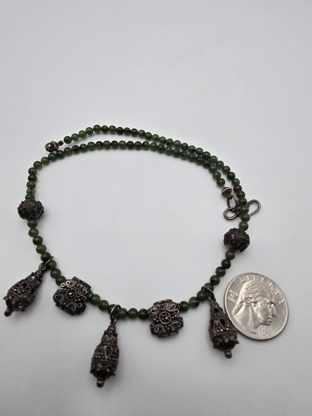 The Unbranded Brand Vintage Sterling Silver & Jadeite Necklace Ornate Dangles Size ONE SIZE - 8 Thumbnail