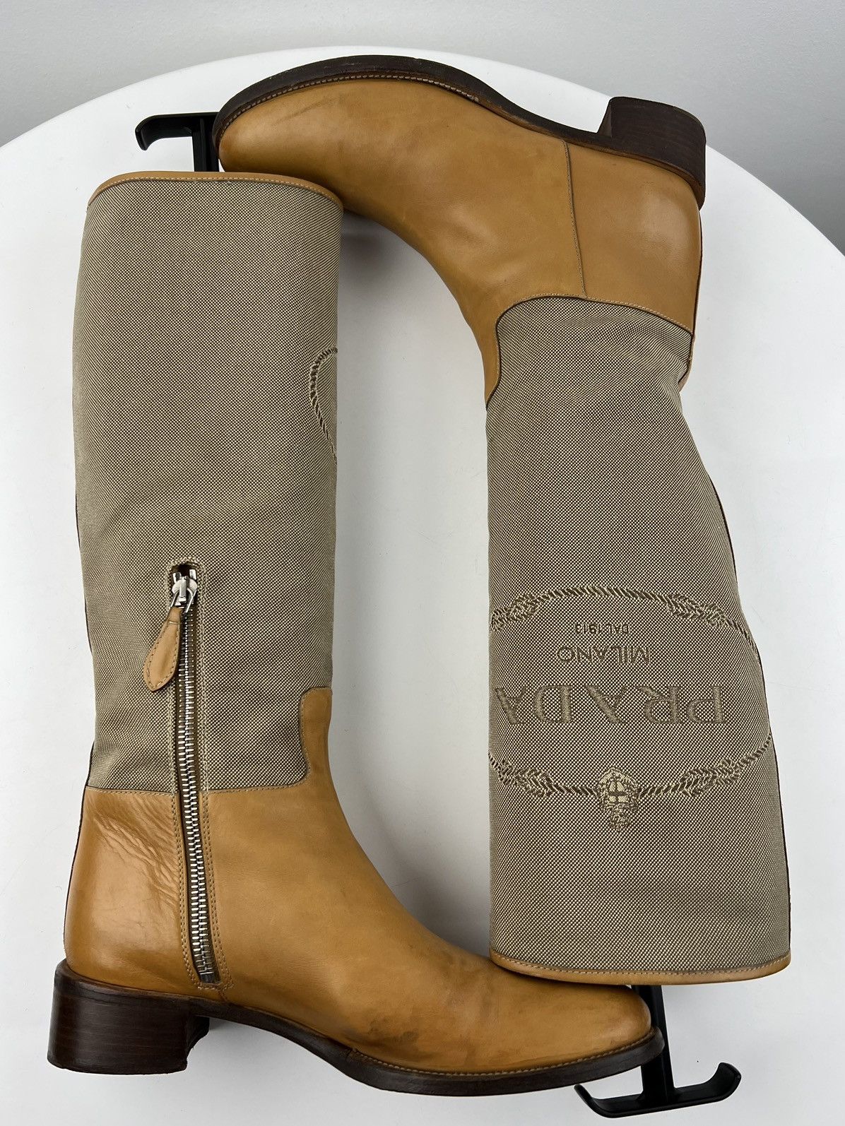 Prada PRADA MILANO Boots Leather Riding Tall Shoes Jacquard Logo Size US 6 / IT 36 - 8 Thumbnail