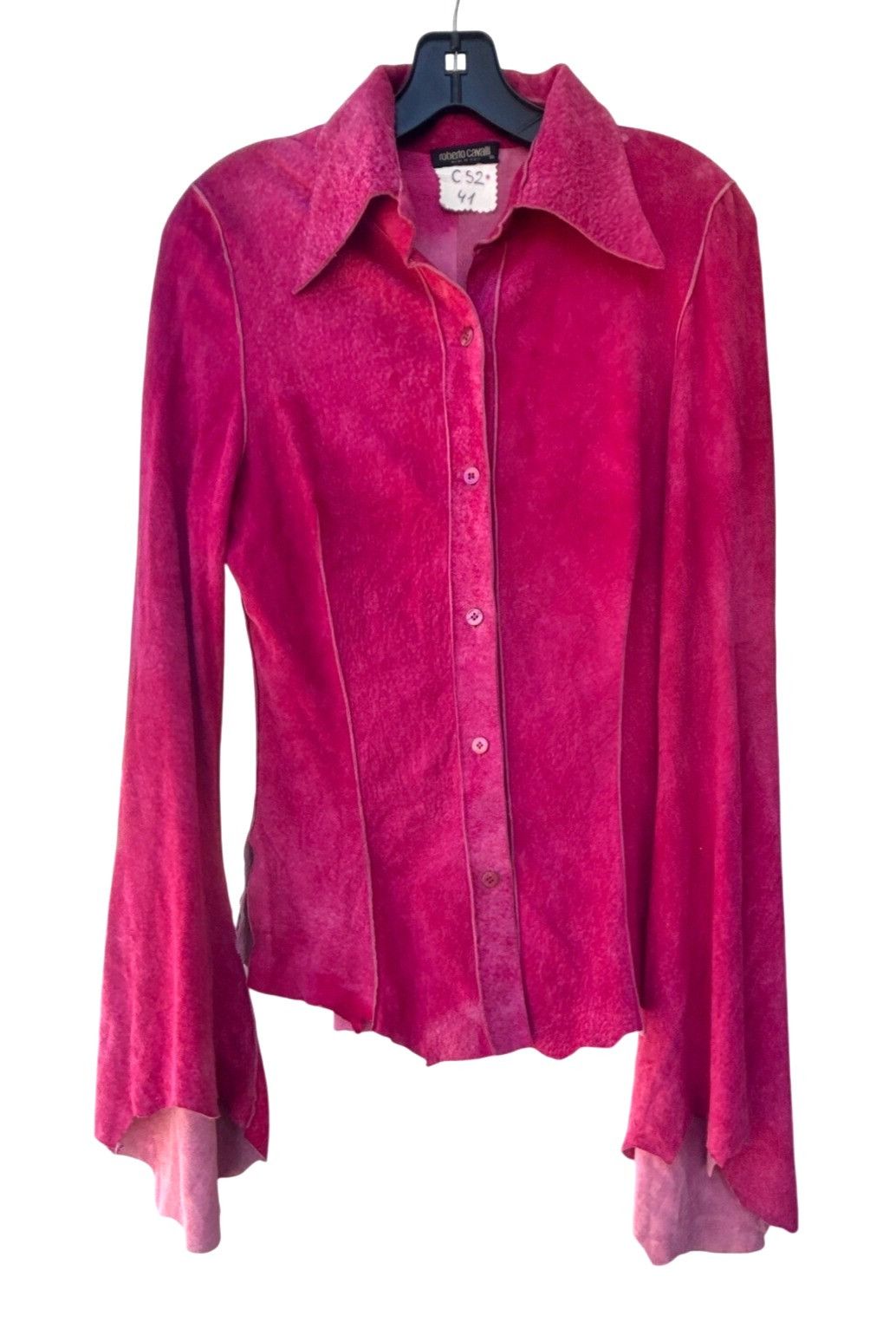 Roberto Cavalli Roberto Cavalli Womens Pink Suede Button-Up Shirt Flared Sle Size S / US 4 / IT 40 - 1 Thumbnail