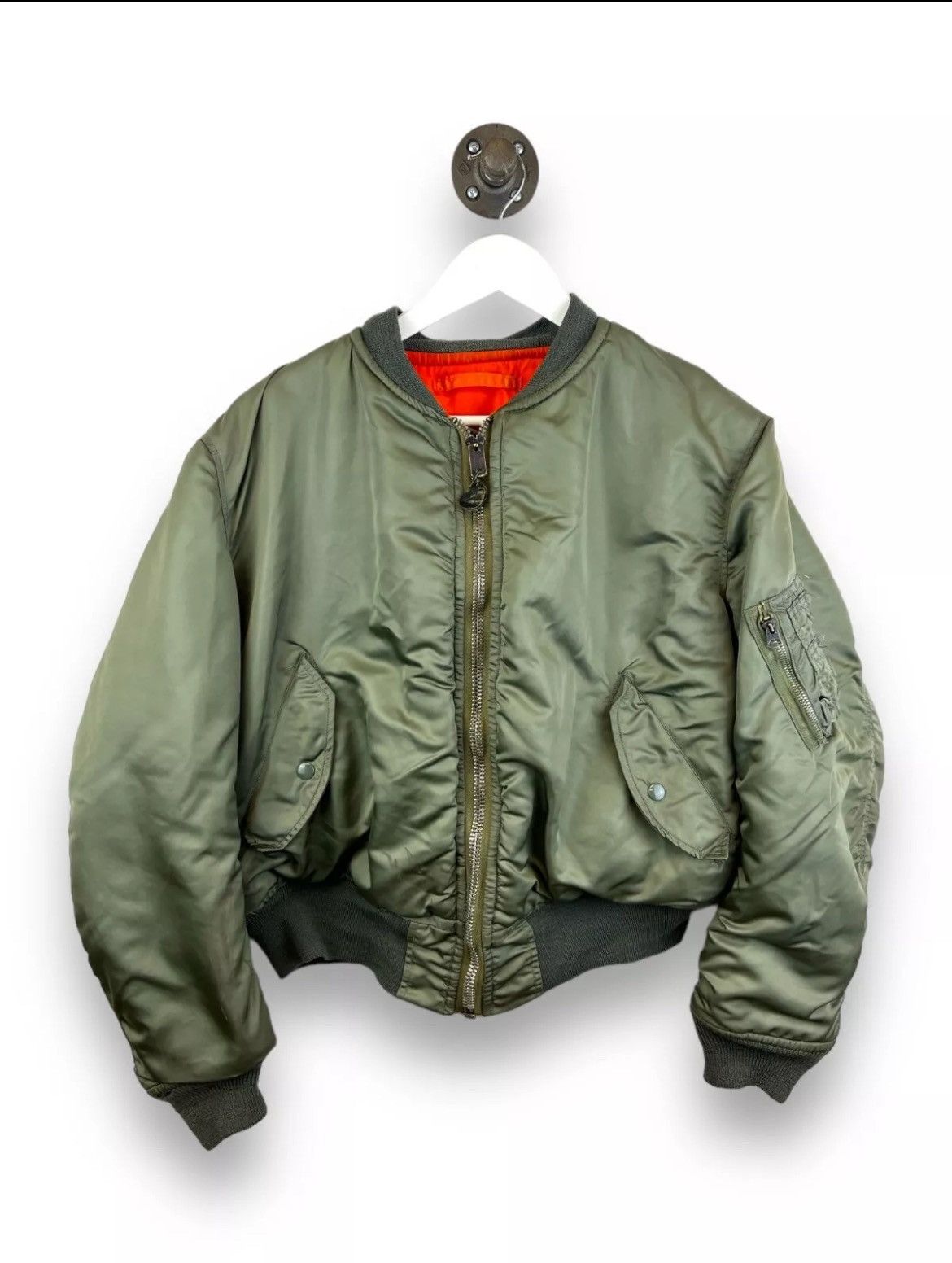 image of Alpha Industries x Vintage 80's Military Issue Ma-1 Flight Nylon Jacket in Green, Men's (Size Mediu