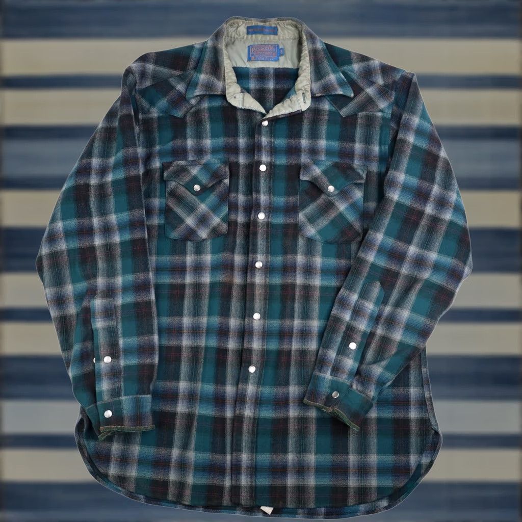 Pendleton VINTAGE Pendleton High Grade Western Wear Shadow Plaid Pearl Snap Wool Shirt Mens XL Blue Size US XL / EU 56 / 4 - 1 Thumbnail