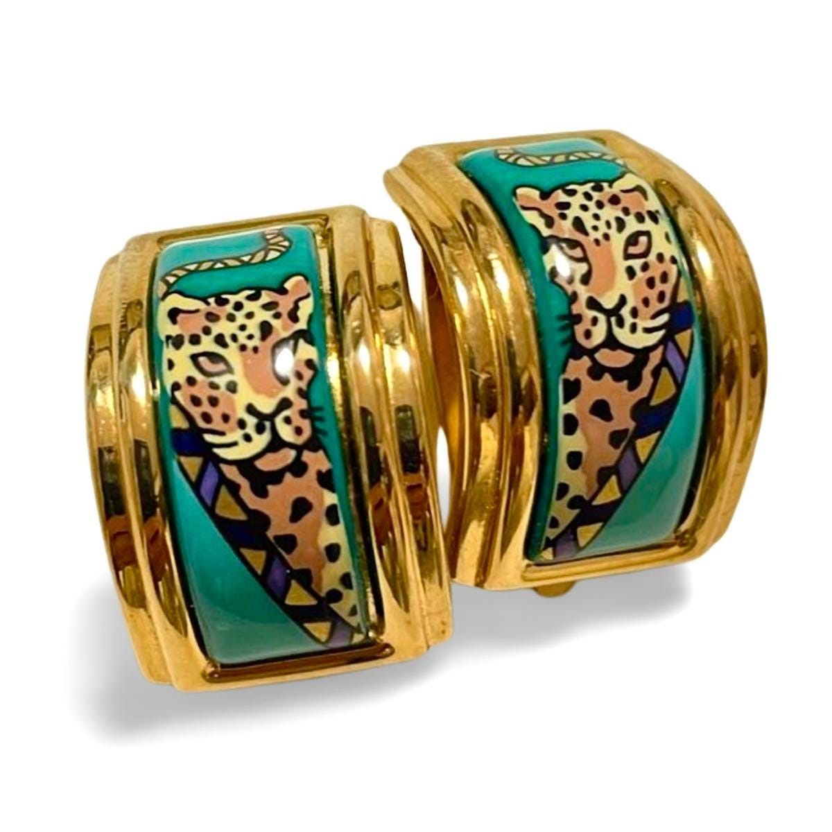 Hermes Vintage Hermes cloisonne enamel golden earrings with panther Size ONE SIZE - 3 Thumbnail