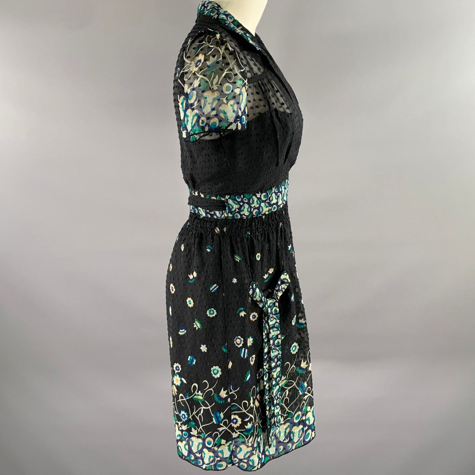 Anna Sui ANNA SUI Black Blue Silk Floral Midi Knee-Length Dress Size S / US 4 / IT 40 - 3 Thumbnail