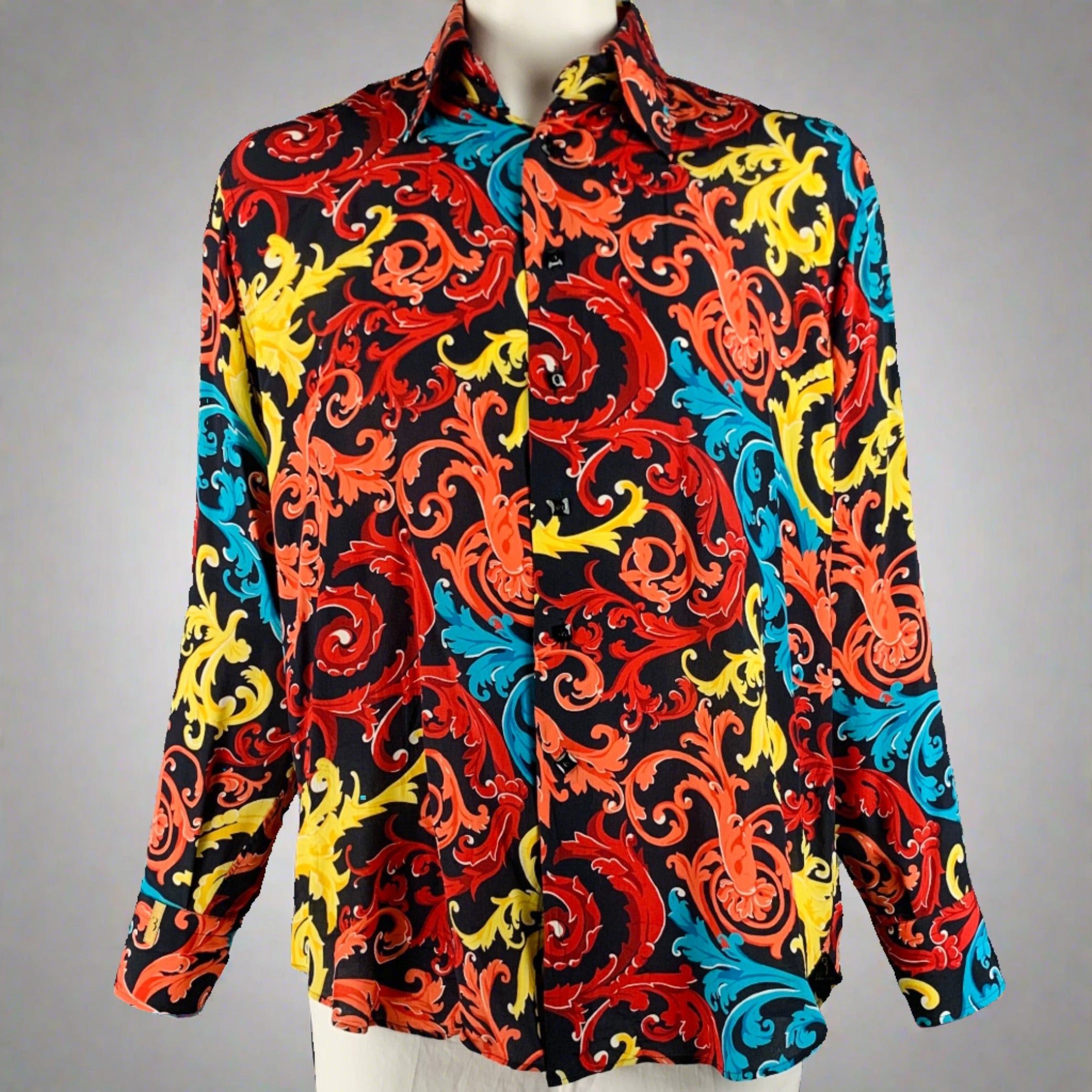 image of Billionaire Couture Black Multi Color Print Silk Long Sleeve Shirt, Men's (Size XL)