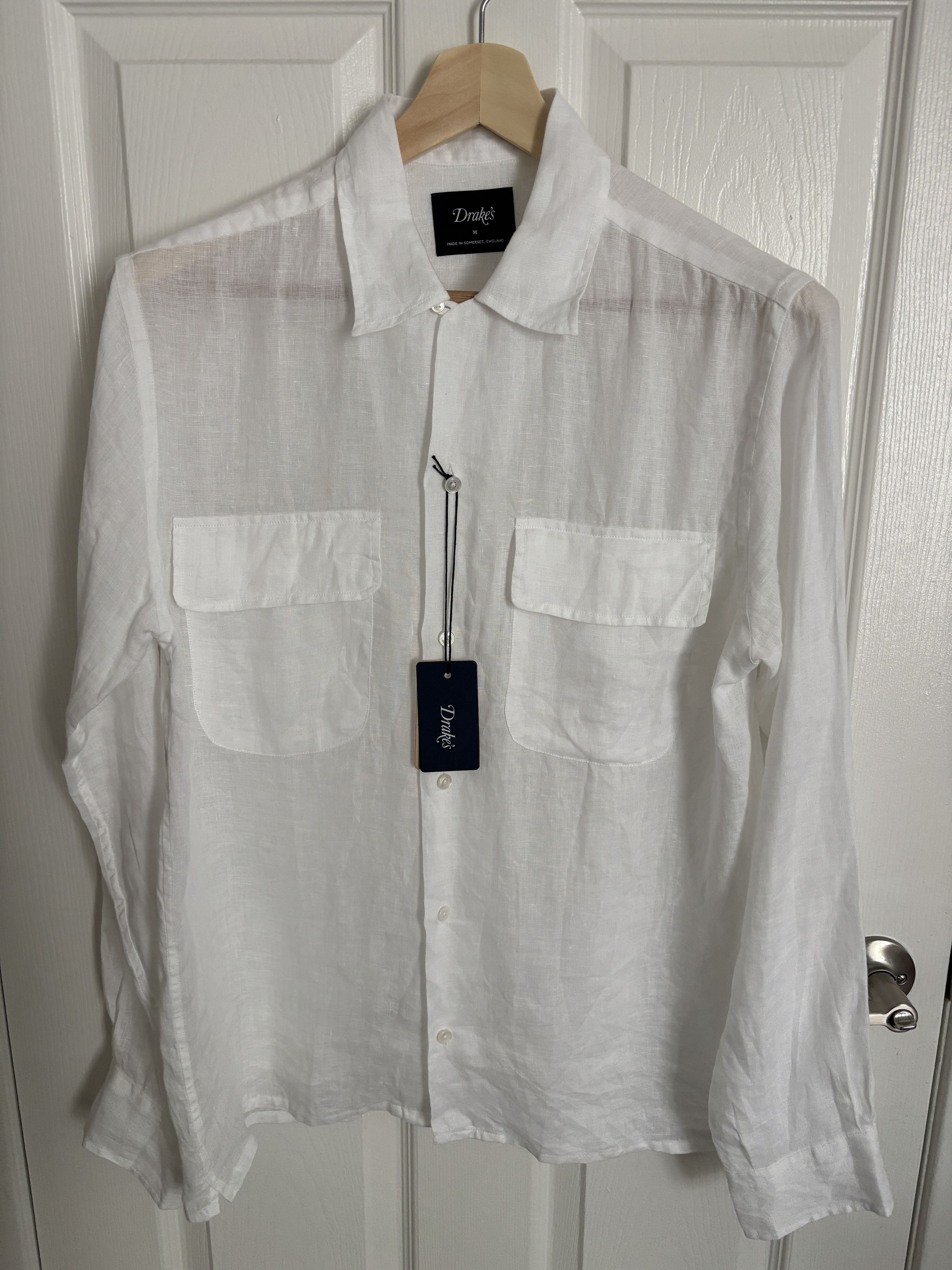Drake's Drakes White Linen Camp Collar Long Sleeve Shirt Size US M / EU 48-50 / 2 - 2 Thumbnail