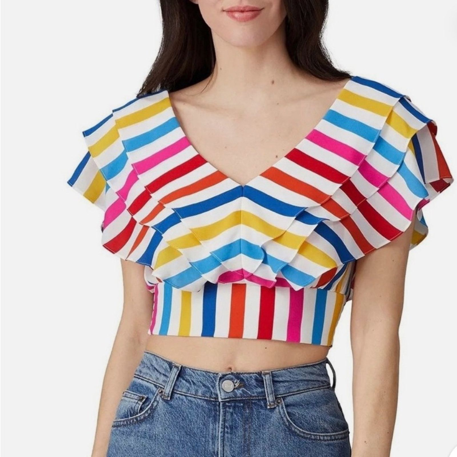 Other Color Me Courtney $130 Striped Ruffle Crop Top Size 0 Size XS / US 0-2 / IT 36-38 - 1 Thumbnail