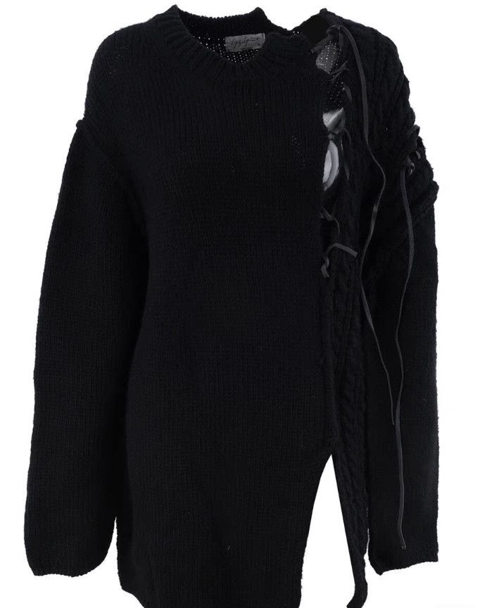 Yohji Yamamoto Long Sleeve Knit Sweater with Lace-Up Detail Size US L / EU 52-54 / 3 - 1 Thumbnail