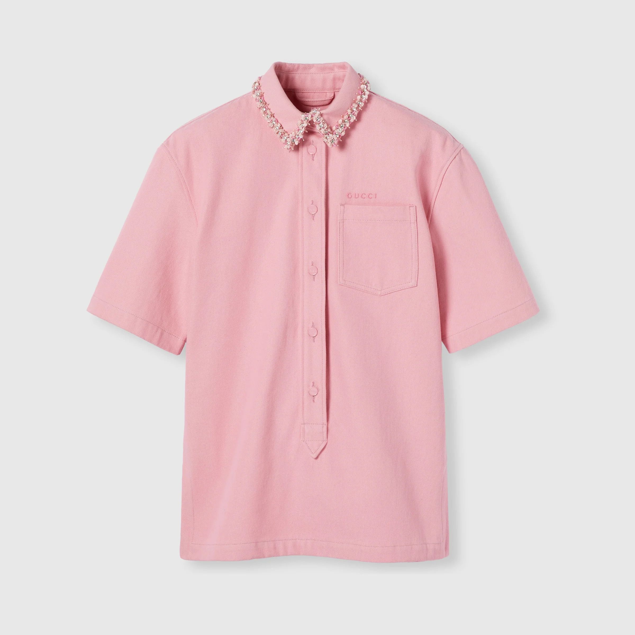 Gucci o1B3y1r0526 Denim Shirt With Embroidery in Pink Size M / US 6-8 / IT 42-44 - 1 Thumbnail