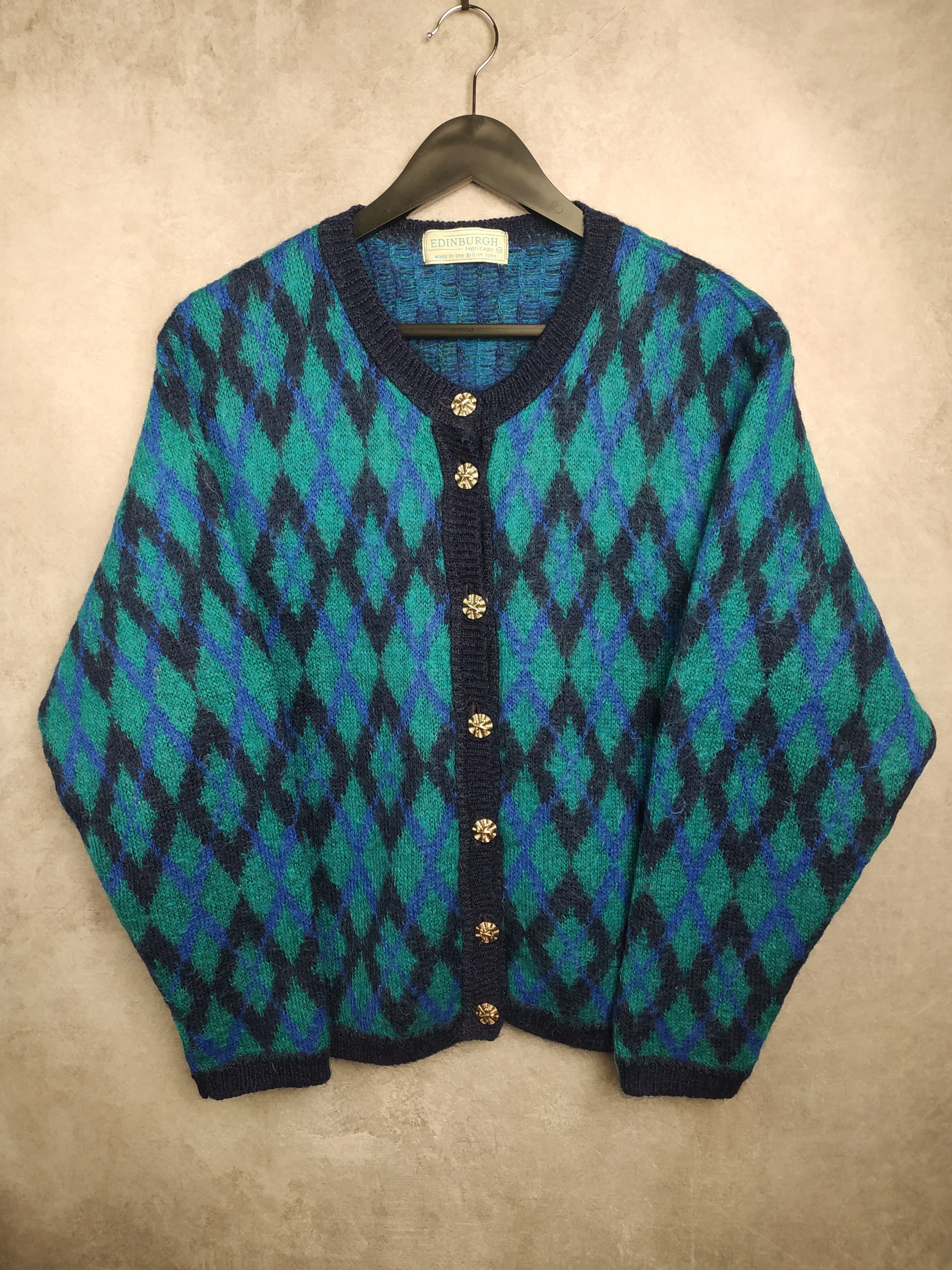 Dale Of Norway Edinburgh Vintage 80s Blue Mohair Argyle Cardigan Size L / US 10 / IT 46 - 1 Thumbnail