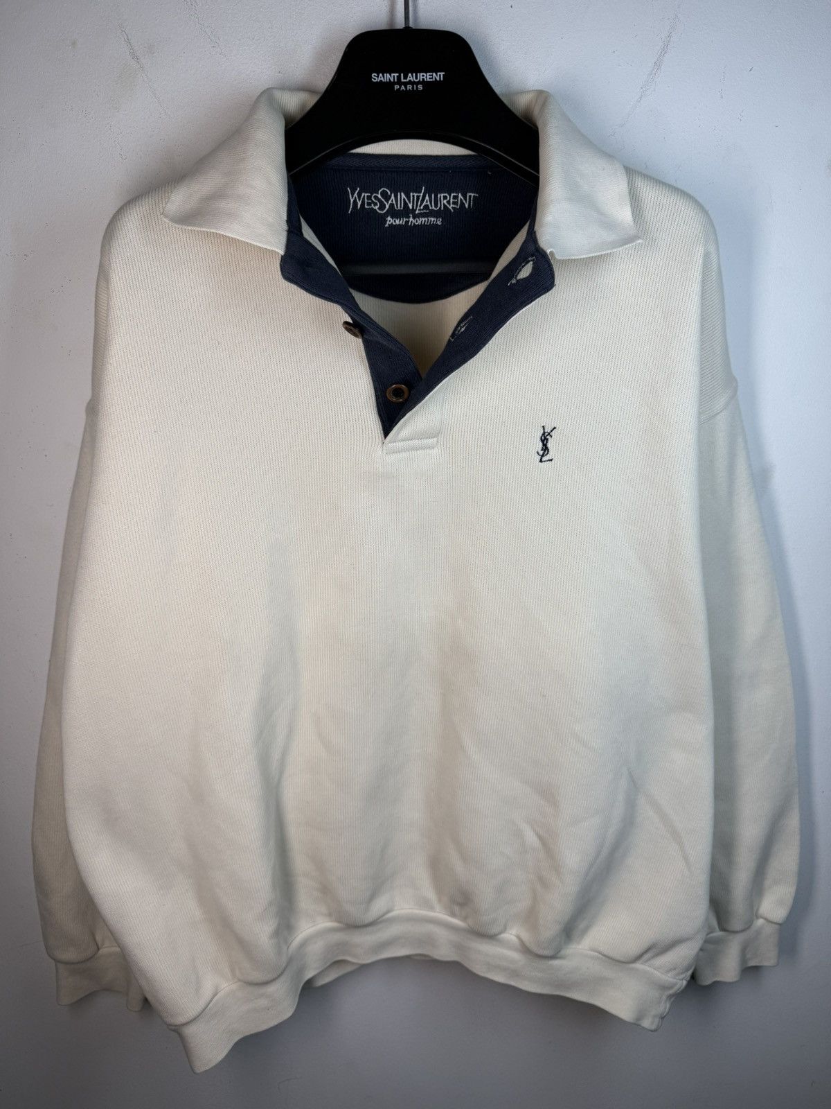 Yves Saint Laurent 90s YSL Sweatshirt White/Sweater Vintage Quarter Zip Up Size US XL / EU 56 / 4 - 2 Thumbnail