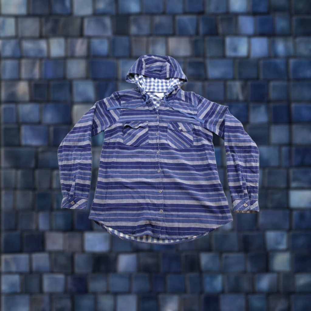 Vintage Columbia Button-Up Hooded Shirt Striped Blue Womens M Lightweight Outdoors Shirt Size M / US 6-8 / IT 42-44 - 1 Thumbnail