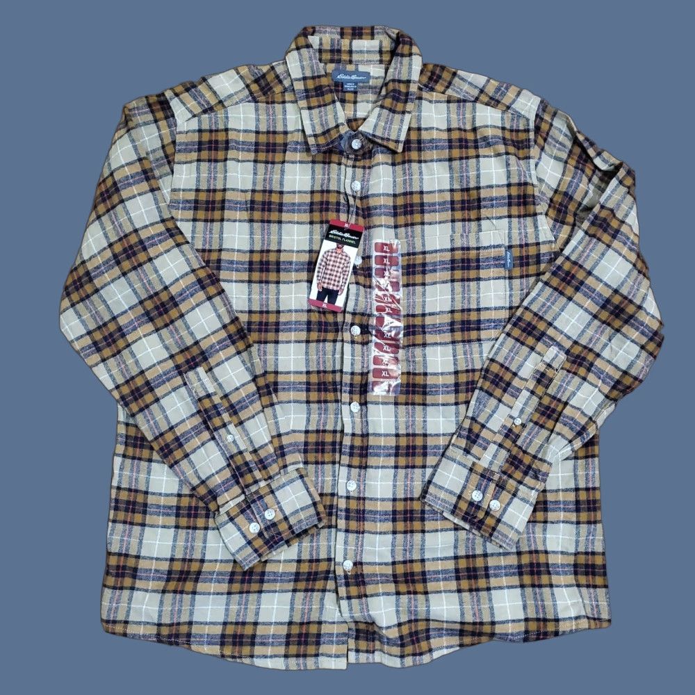 Eddie Bauer Eddie Bauer Bristol Flannel Shirt Mens XL Plaid Long Sleeve Button-Up Beige Tan Brown Blue Pocket Logo Size US XL / EU 56 / 4 - 1 Thumbnail