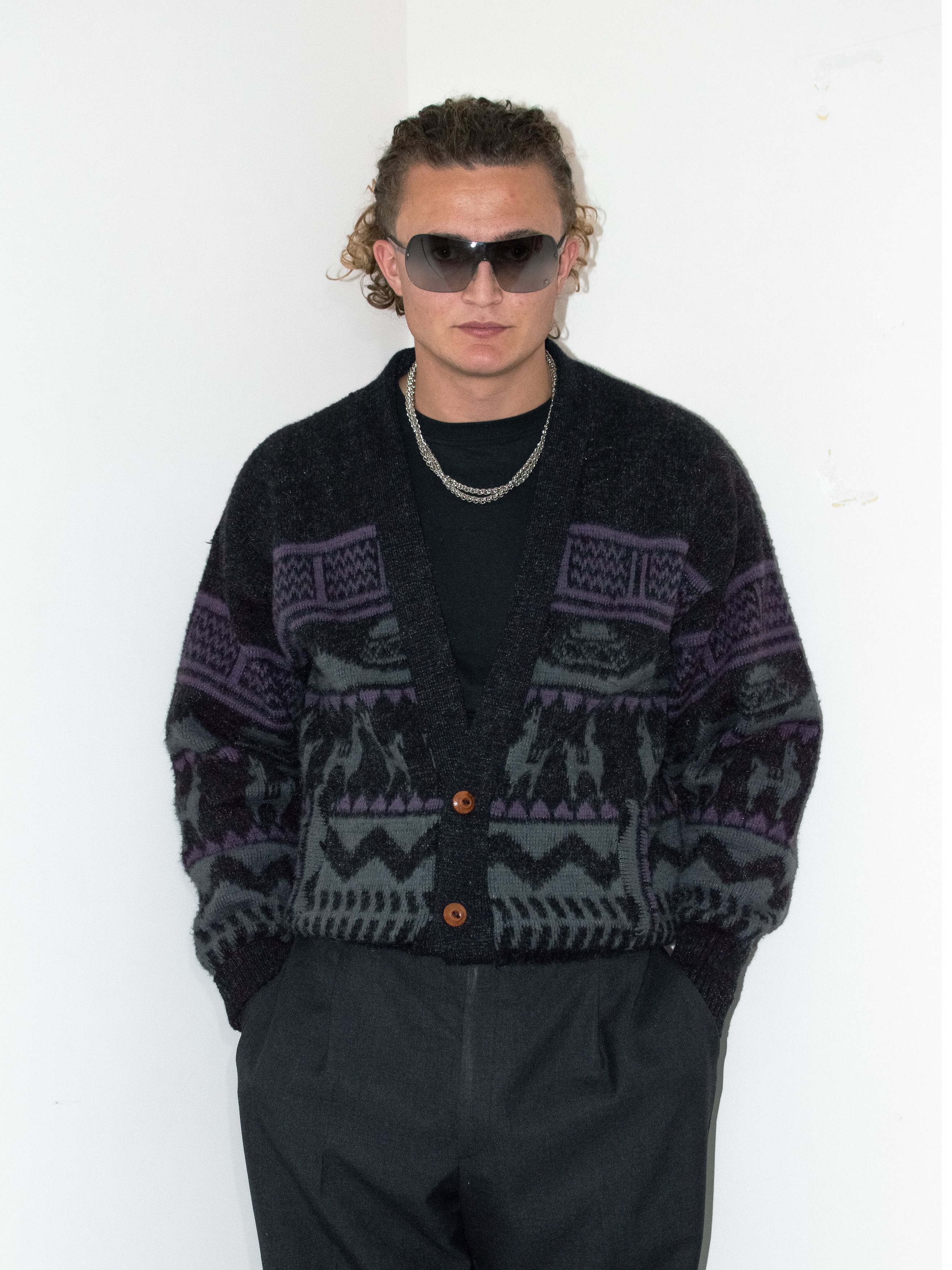 Designer × Vintage Vintage 90s Alpaca Geometric Crazy Pattern Cardigan Size US L / EU 52-54 / 3 - 1 Thumbnail