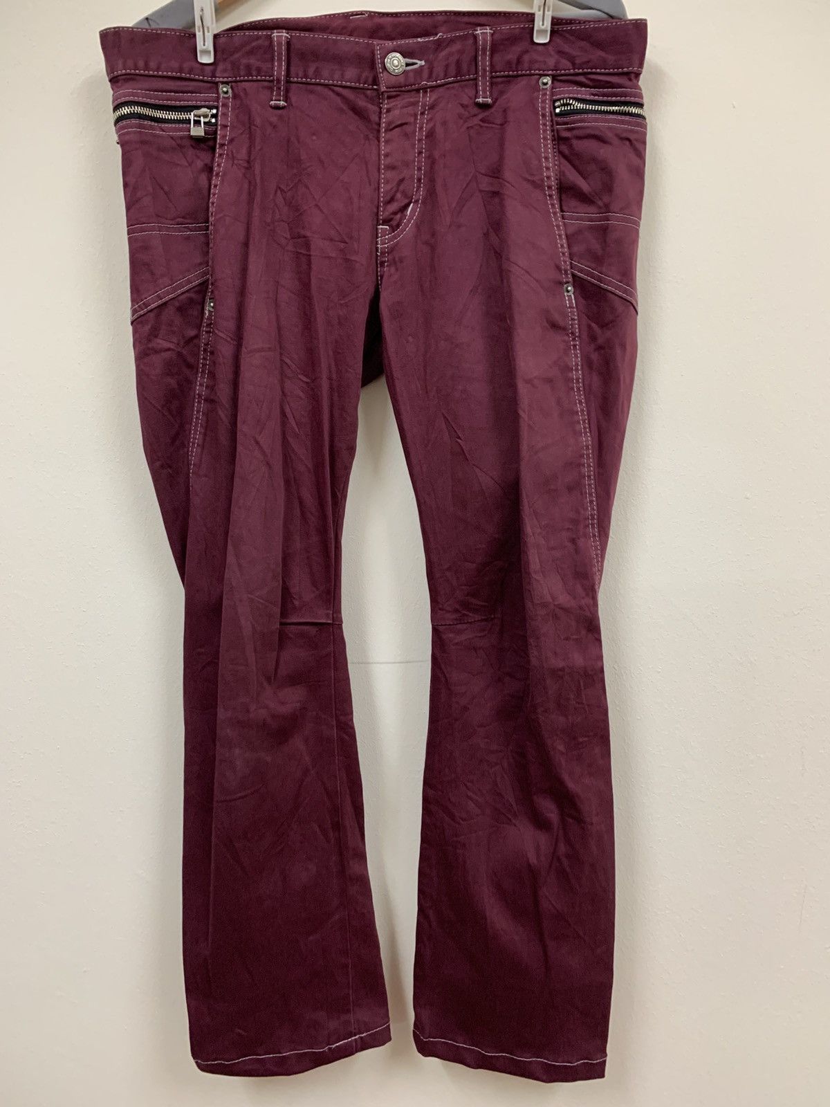 Japanese Brand PPFM Techwear Y2K MAROON LOW RISE FLARE PANT Size US 34 / EU 50 - 1 Thumbnail