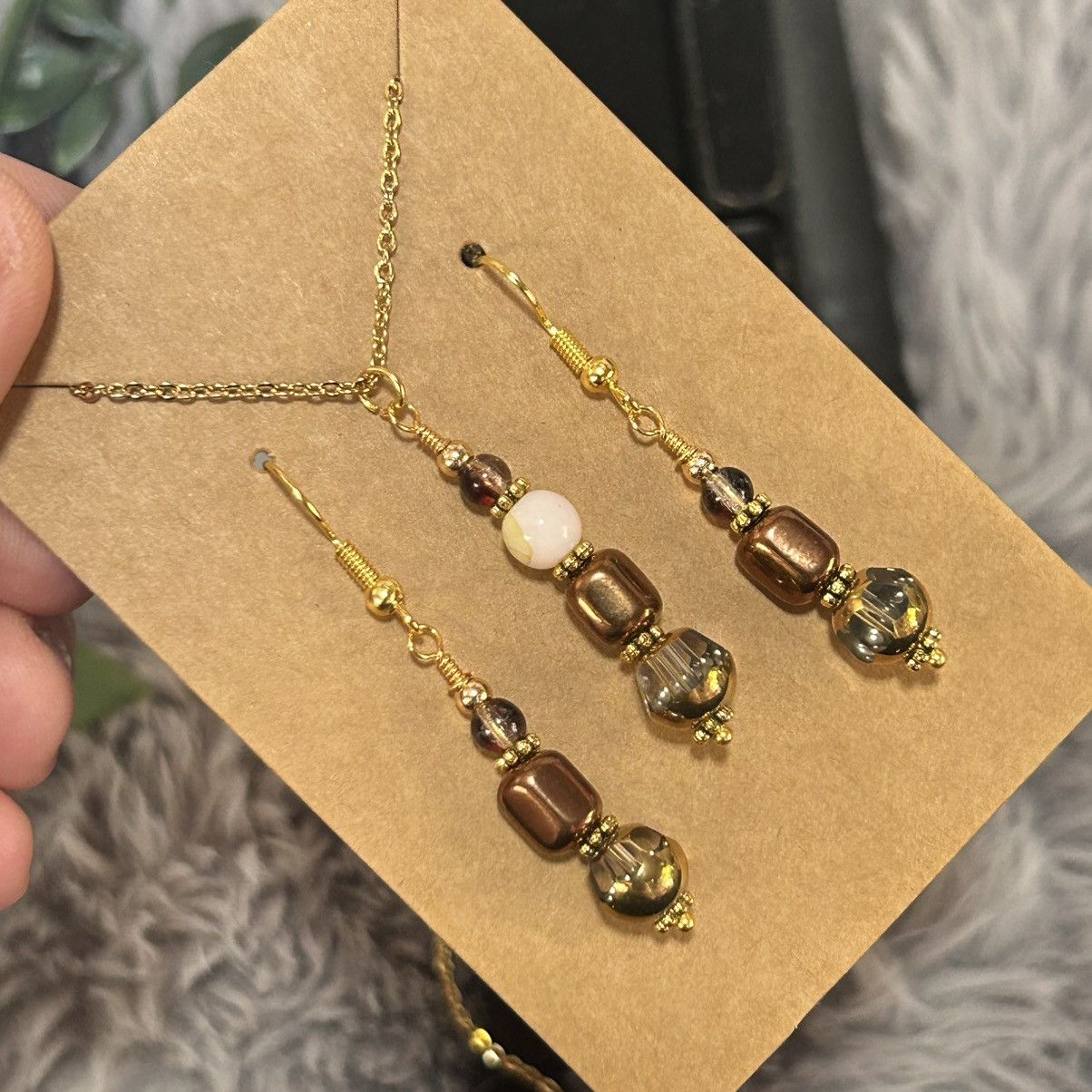 Handmade Handcrafted di-cut art glass copper oil slick necklace set Size ONE SIZE - 1 Thumbnail