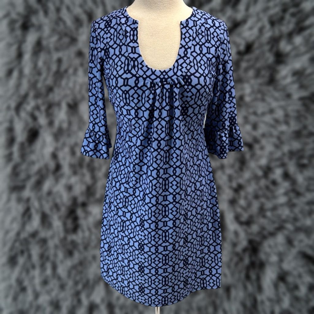 Vintage Jude Connally Blue Geometric Shift Dress Small Womens U-Neck Ruffle Sleeve Casual Size S / US 4 / IT 40 - 1 Thumbnail