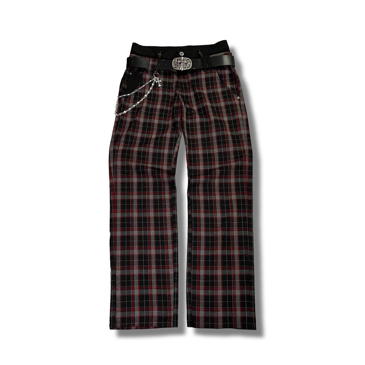 If Six Was Nine Japanese Brand Red Black Plaid Punk Trousers Zipper Pocket Size US 27 - 2 Thumbnail