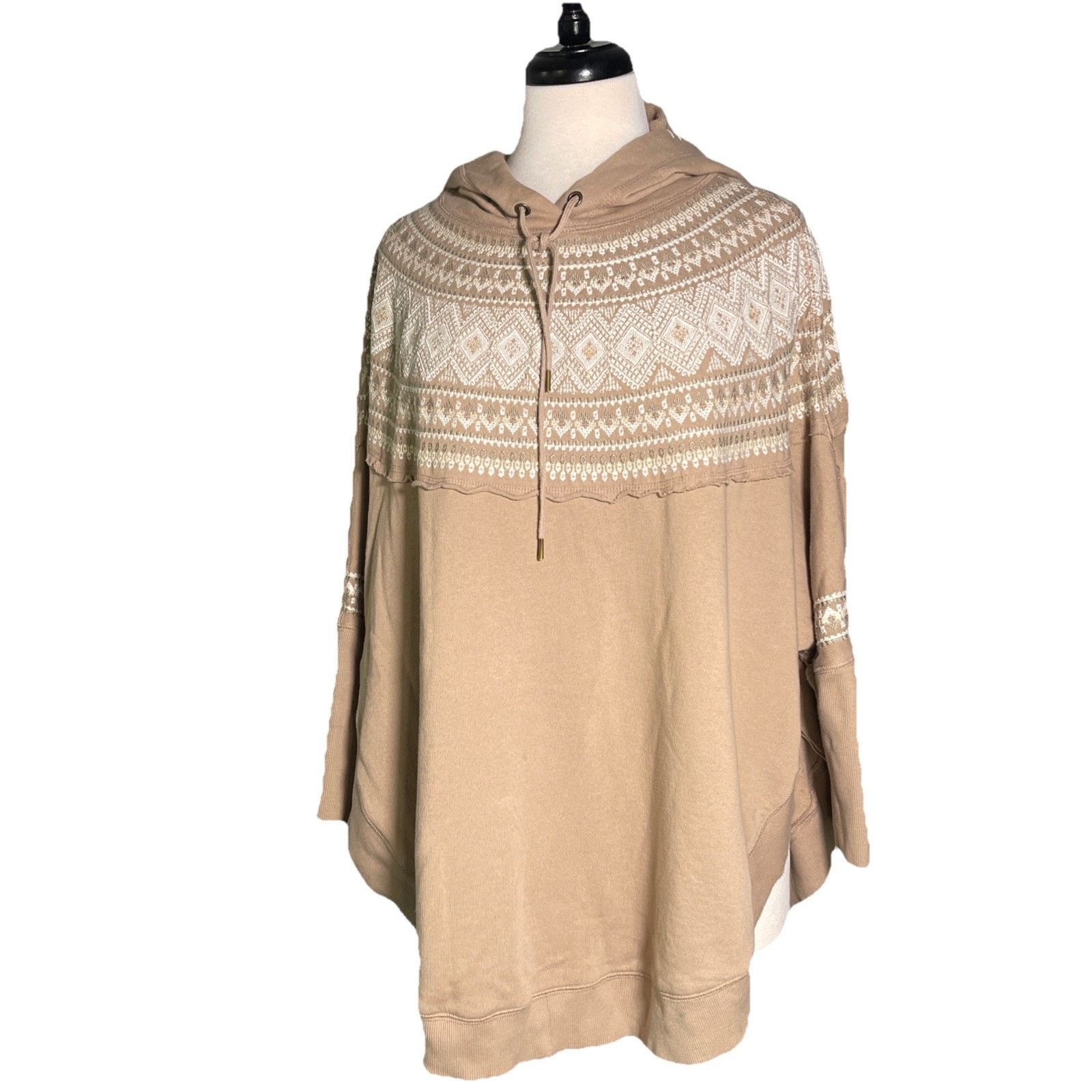 Free People Hoodie Sweatshirt Tan Knit Trim Scalloped Hem S
