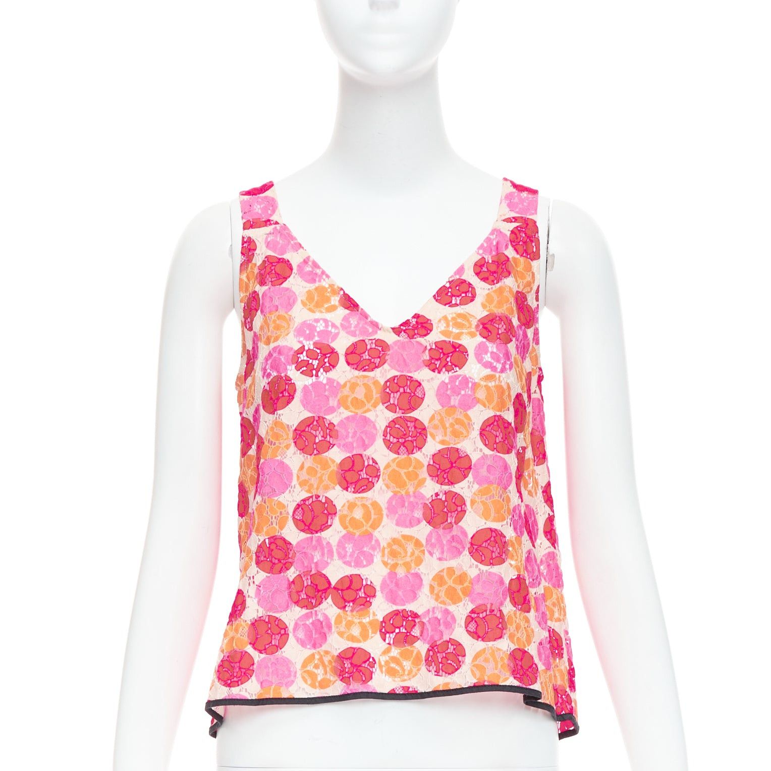 Marni MARNI 2012 pink orange dot print lace deep V neck tank top IT40 S Size S / US 4 / IT 40 - 1 Thumbnail