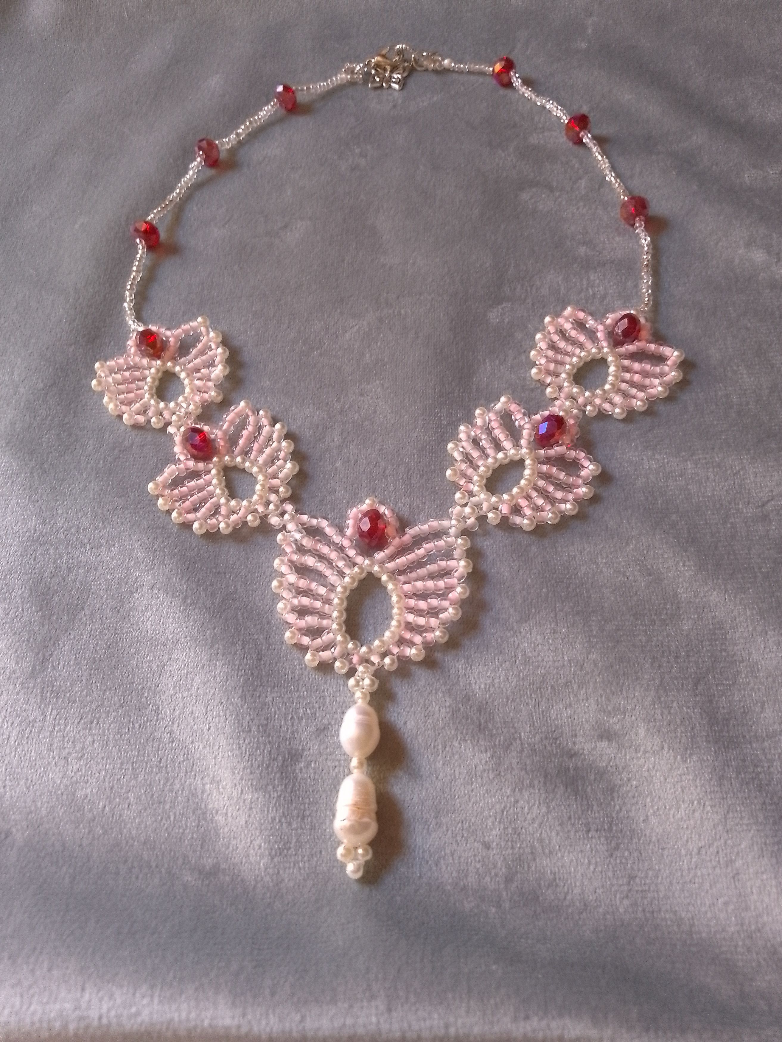 Handmade Necklace Pink lotus flowers with crystal& freshwater pearls Size ONE SIZE - 3 Thumbnail