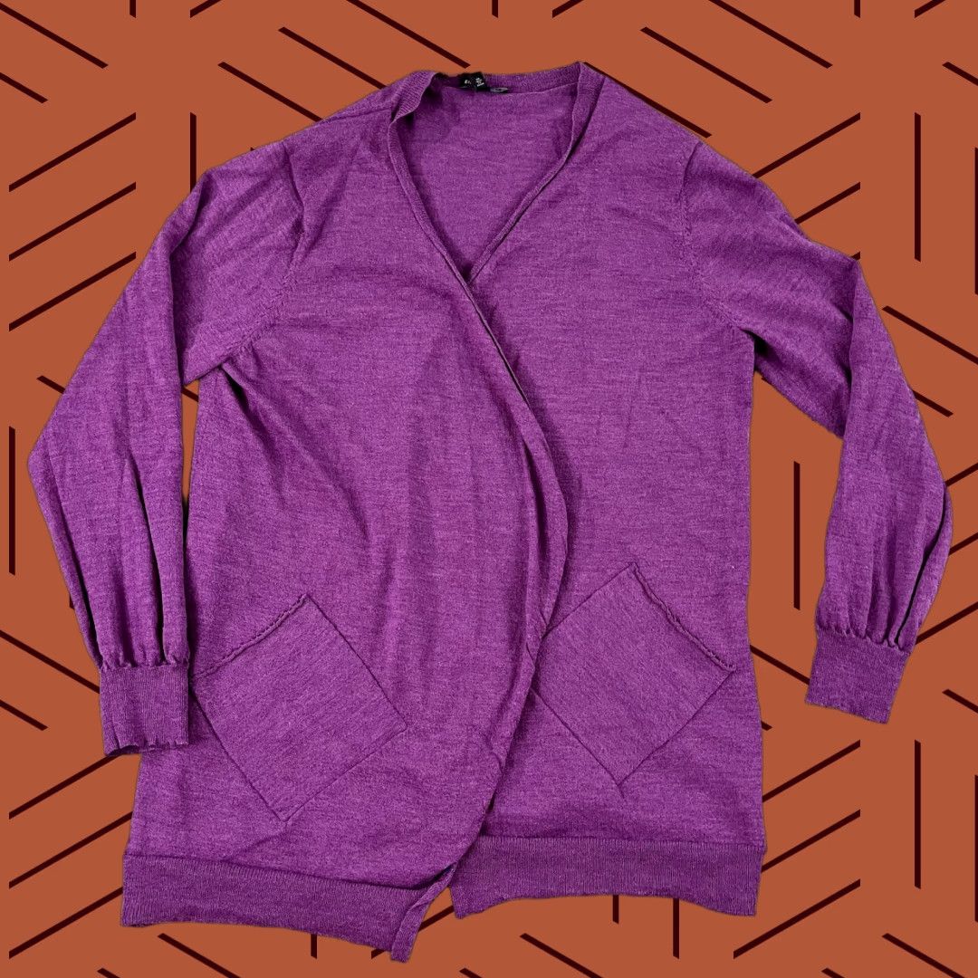 Eileen Fisher EILEEN FISHER Sweater Cardigan Womens Large Purple 100% Wool Open Front Wrap Size L / US 10 / IT 46 - 1 Thumbnail